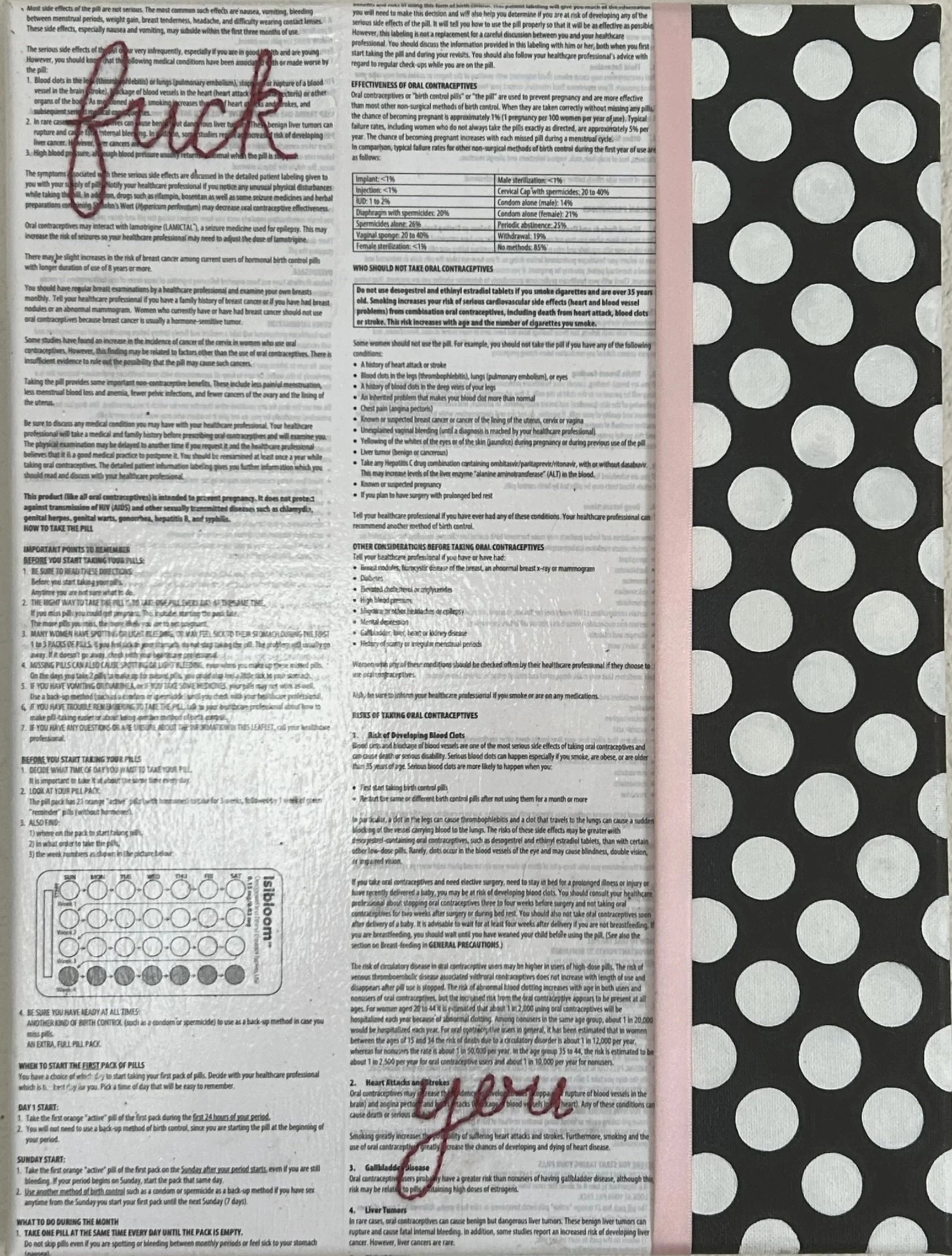 "Fuck you", 2025, Oil paint, birth control warning paper, thread, and ribbon, 12in x 16in
