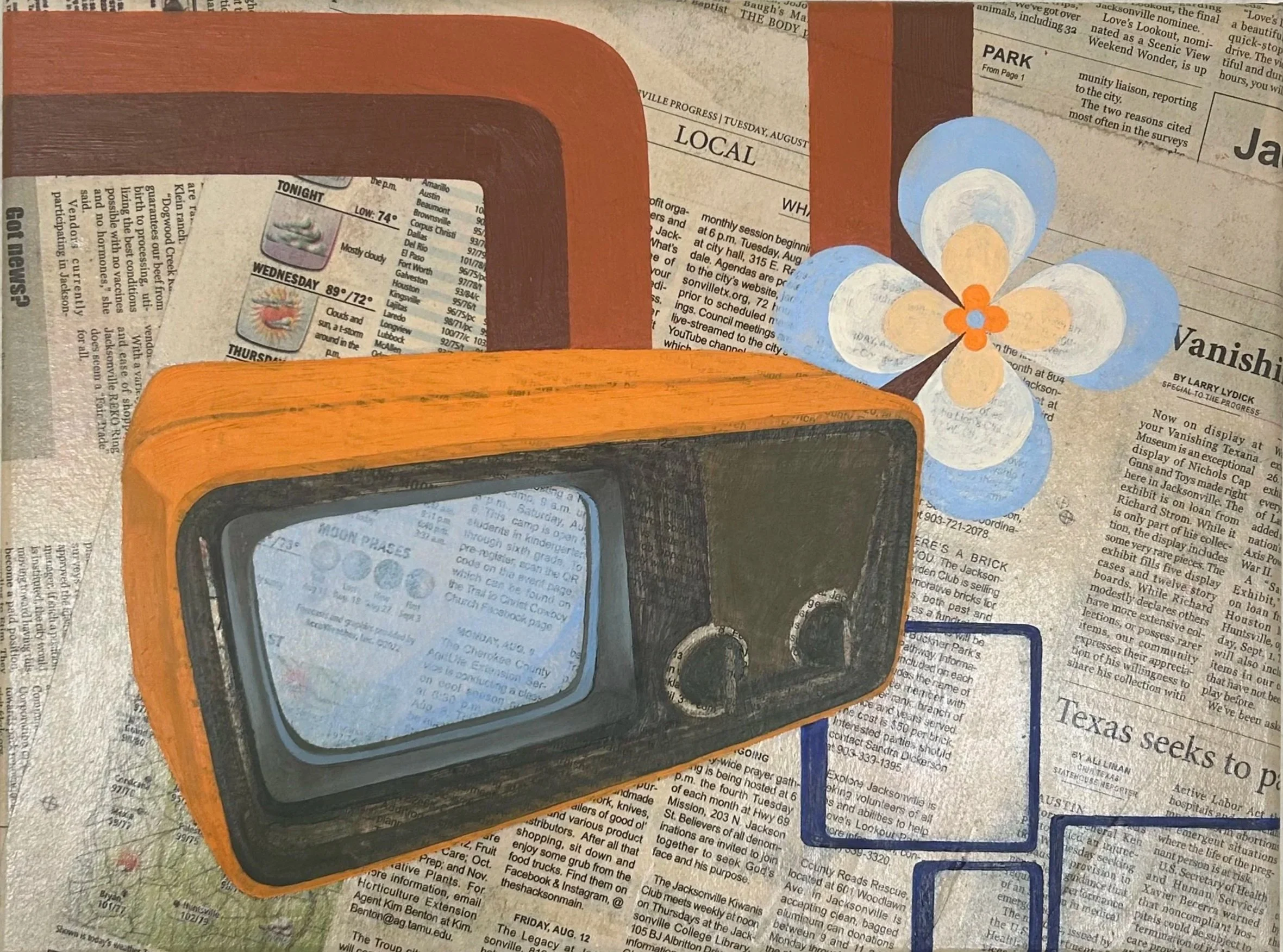 "My Mom told me to call it 'That 70's Show'", 2025, oil paint and newspaper on canvas, 16in x 12in.