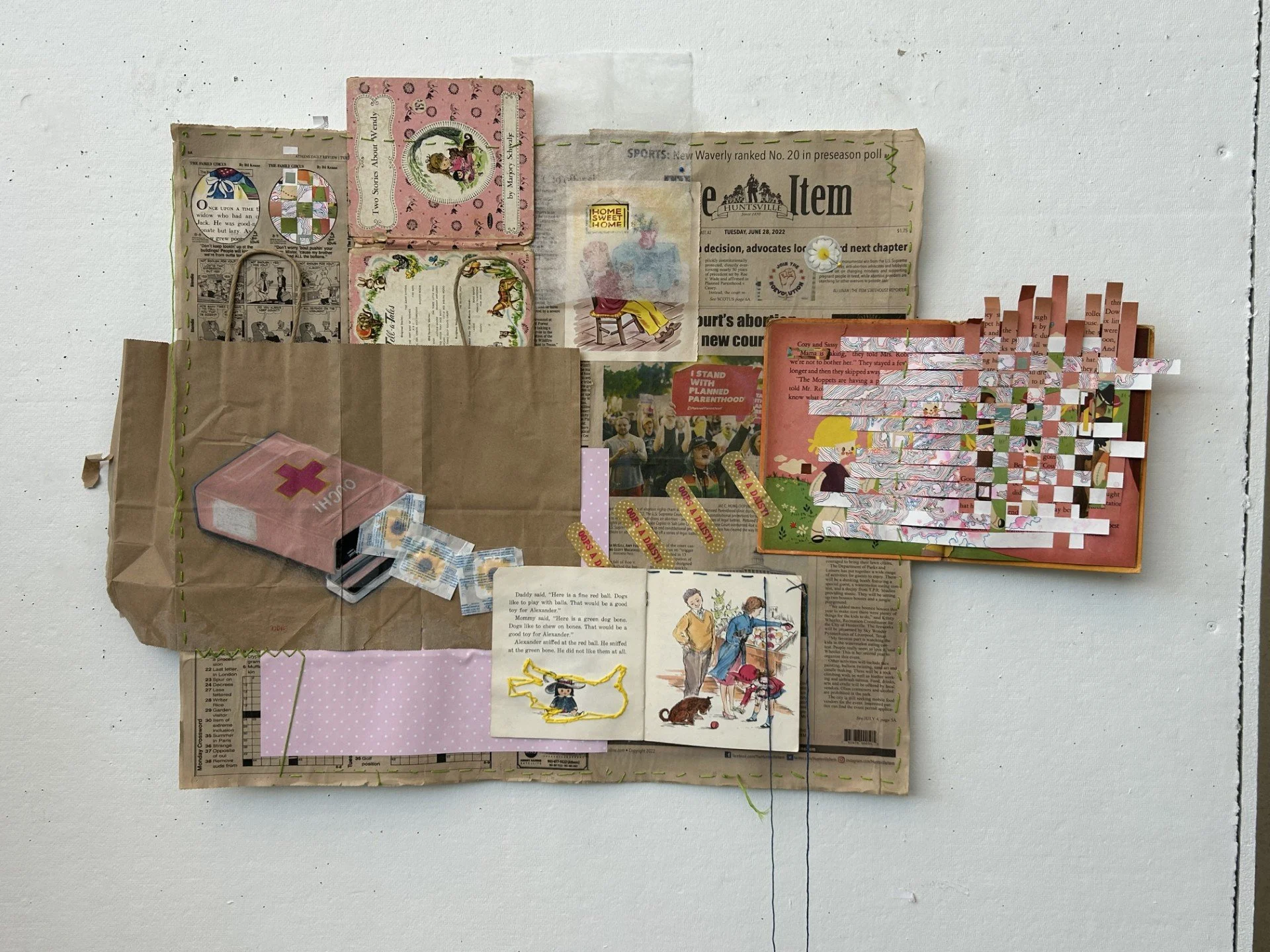 "Collage #1", 2025, found paper, thread, band aids