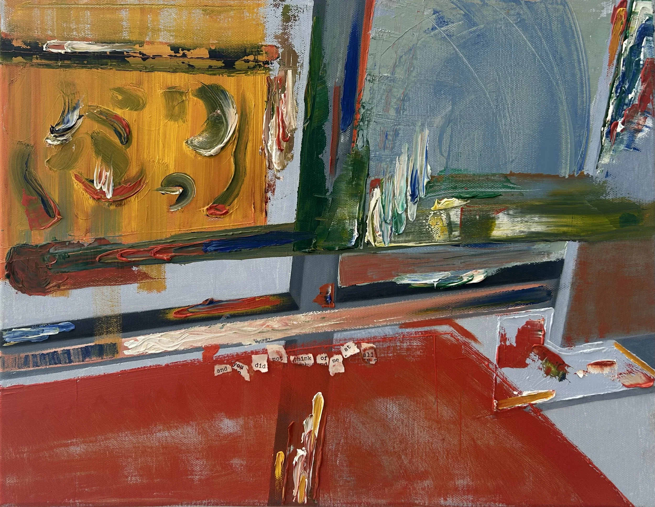 "Sigh", 2026, oil paint and paper on canvas, 14in x 18in