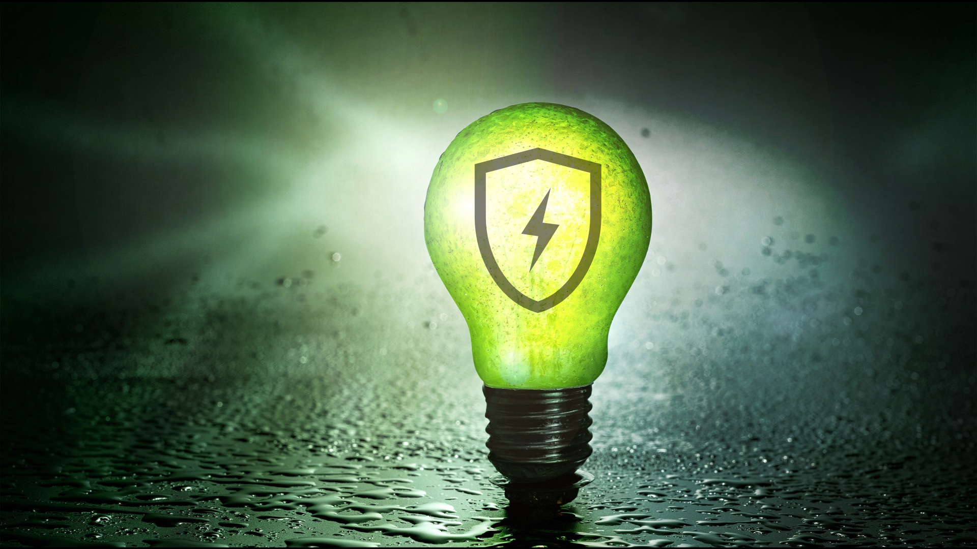 A lightbulb with a glowing green color on a wet surface. The bulb has a shield with a lightning bolt icon on it.
