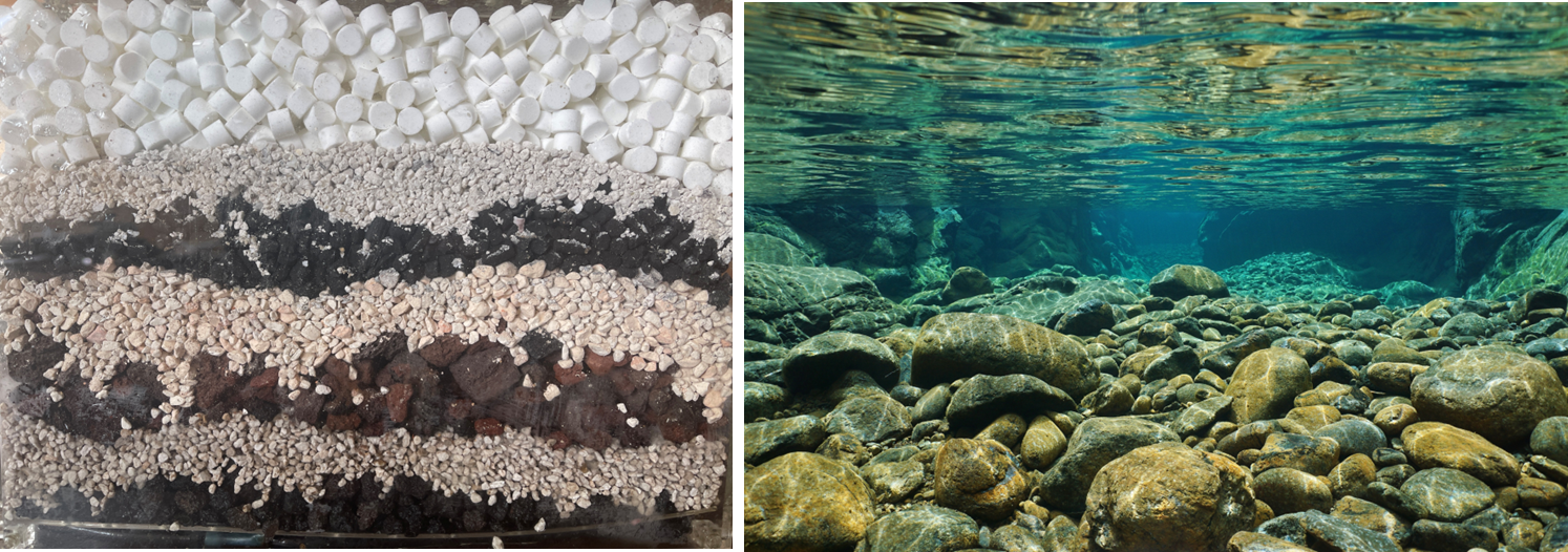 Divided image with left side showing a layered structured material with small white pellets at the top and darker mixed layers underneath. The right side shows an underwater rocky riverbed with various-sized stones and clear water flowing above.