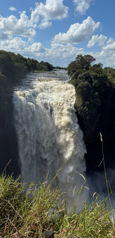 A large waterfall cascading over a cliff with lush green trees on both sides, under a partly cloudy blue sky.