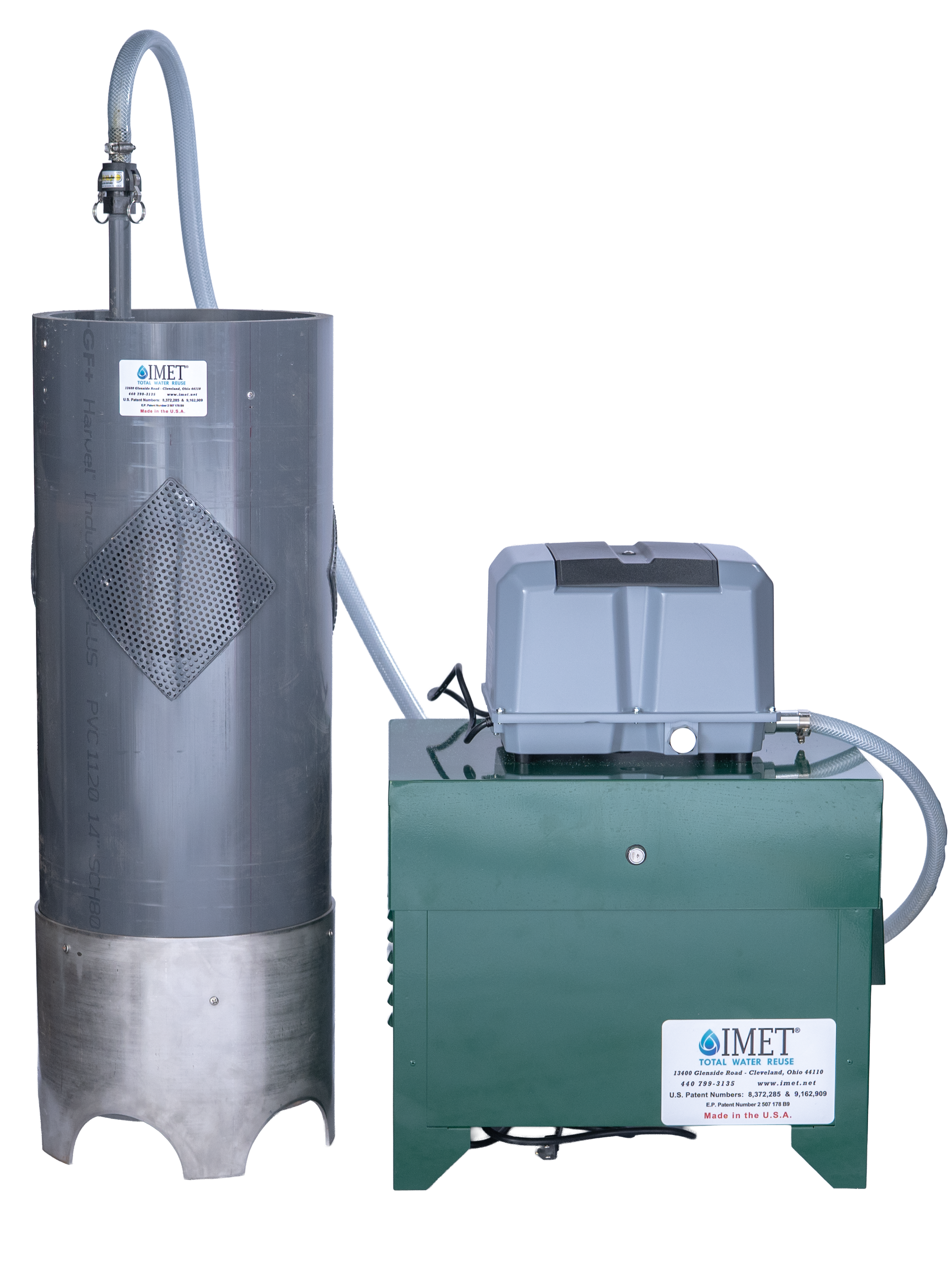 Modular wastewater treatment system with a gray cylindrical tank connected to an air pump