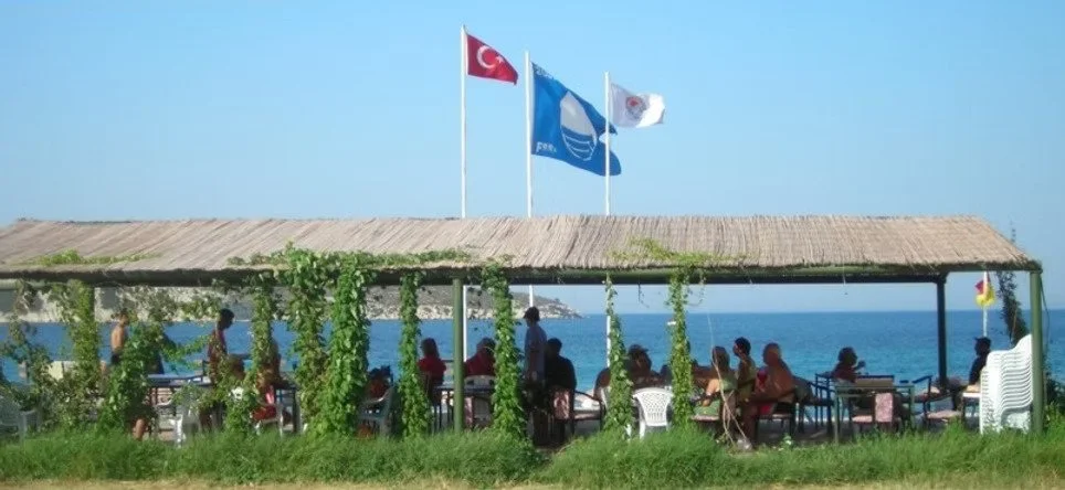 A seaside outdoor cafe with people sitting at tables under a thatched roof, surrounded by greenery, with Turkish flags and water in the background.