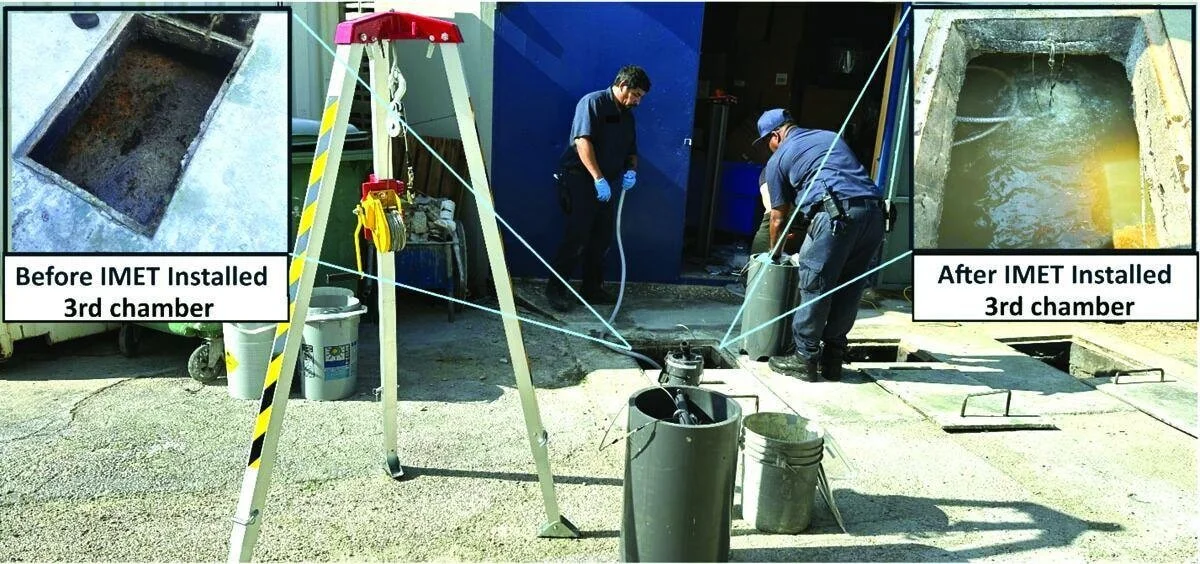 Two workers are installing an IMET system in a third chamber grease interceptor. The left inset shows the chamber before installation, dirty and with buildup, the right inset shows the chamber after the IMET system is installed, appearing cleaner.