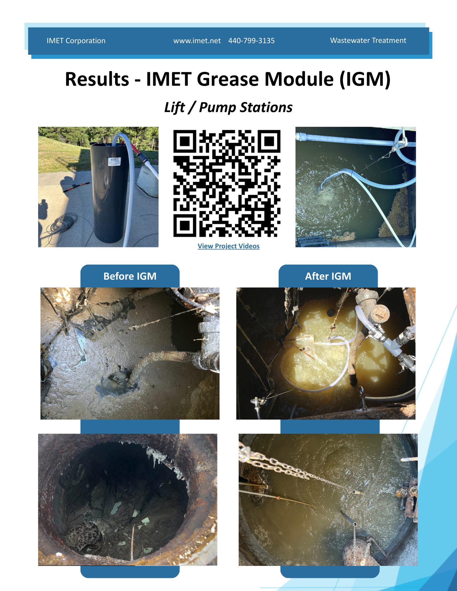 Report from IMET Corporation displaying results of an IMET Grease Module (IGM) test on lift/pump stations, with before and after photos of the grease build-up in the sewer system.