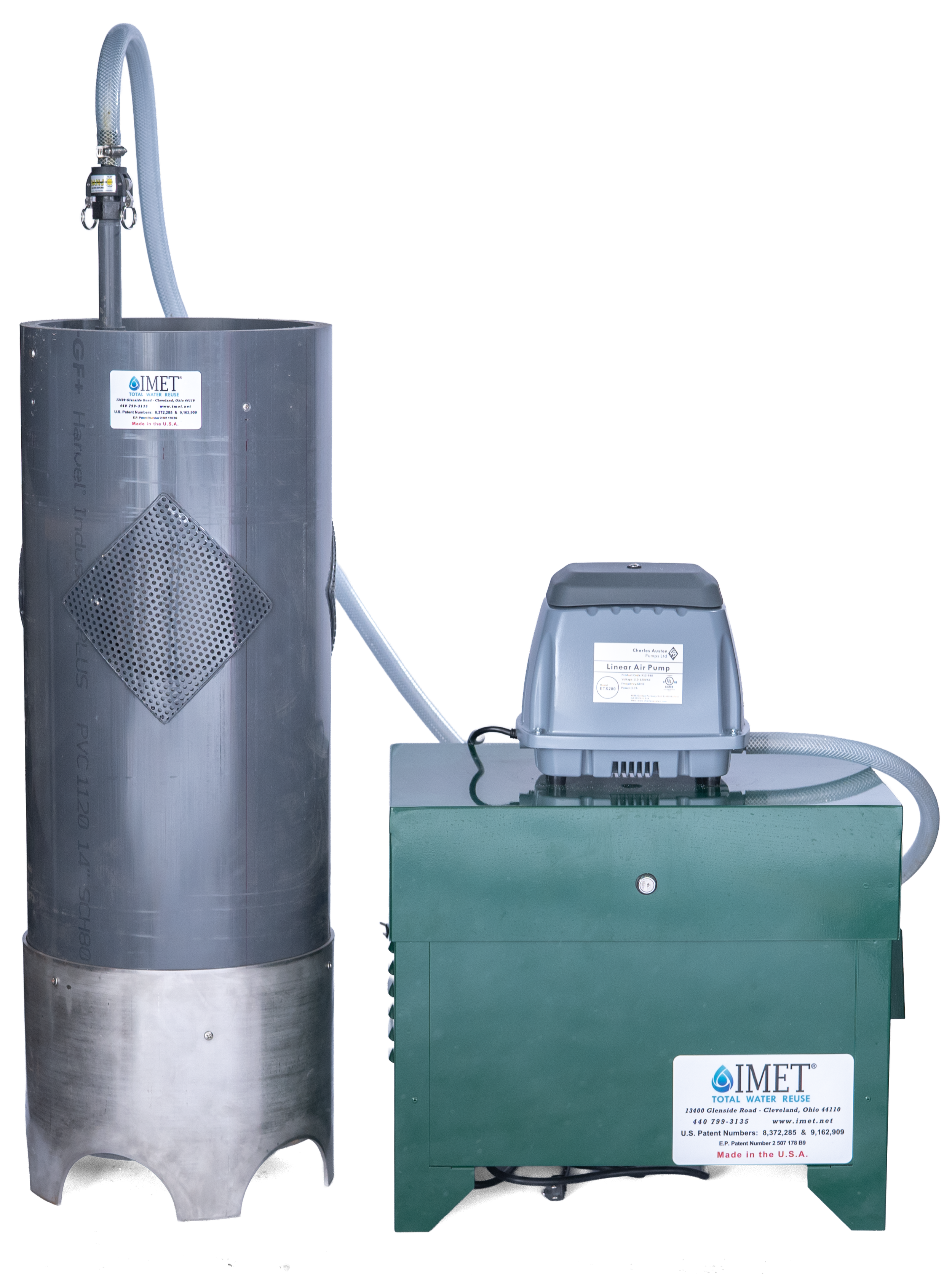 Modular wastewater treatment system with a gray cylindrical tank connected to an air pump