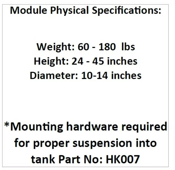 Table with physical specifications for a module, including weight, height, diameter, and mounting hardware note.