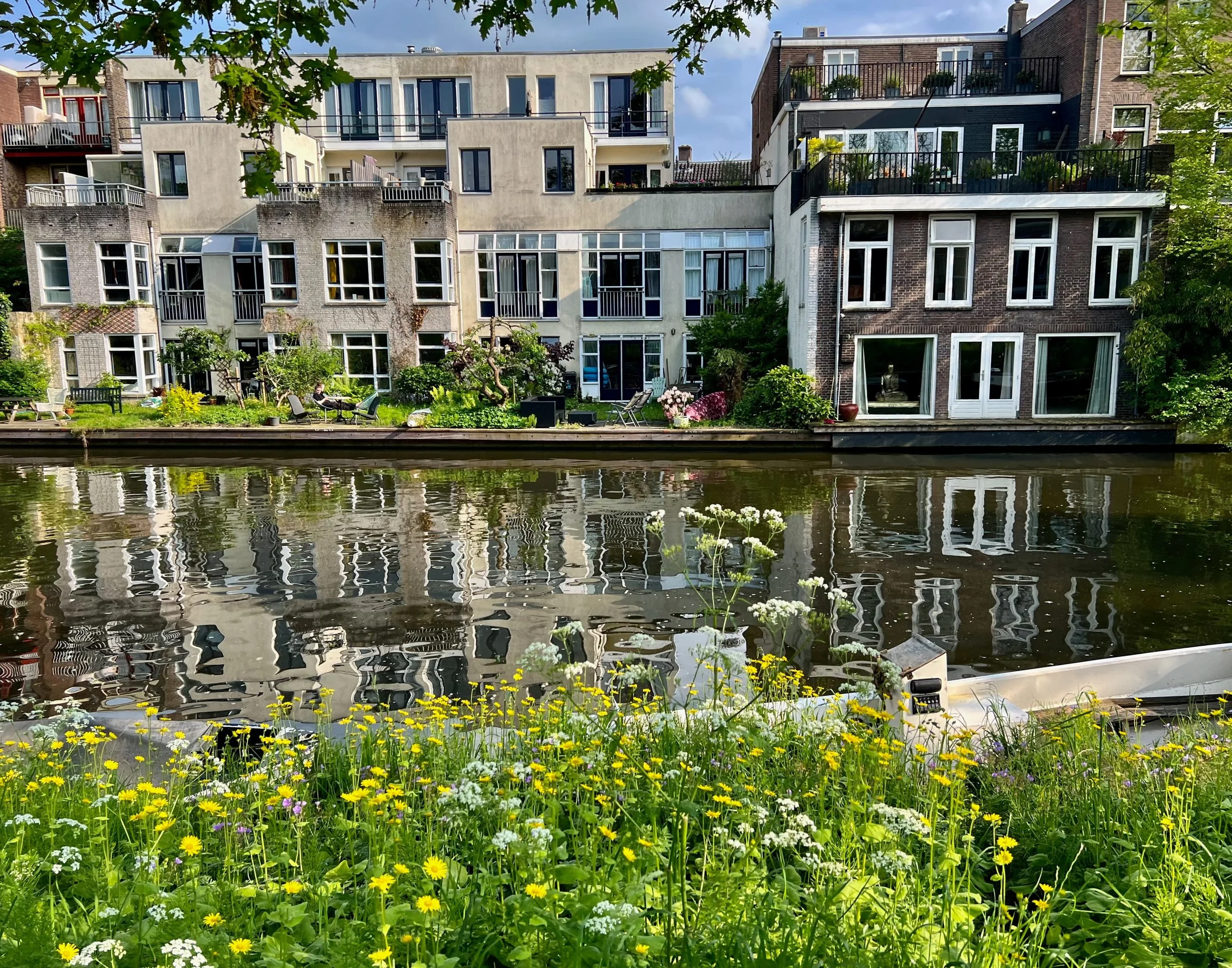 Utrecht waterfront view of modern apartment buildings with balconies, greenery, and a garden, reflected in a river with wildflowers in the foreground.