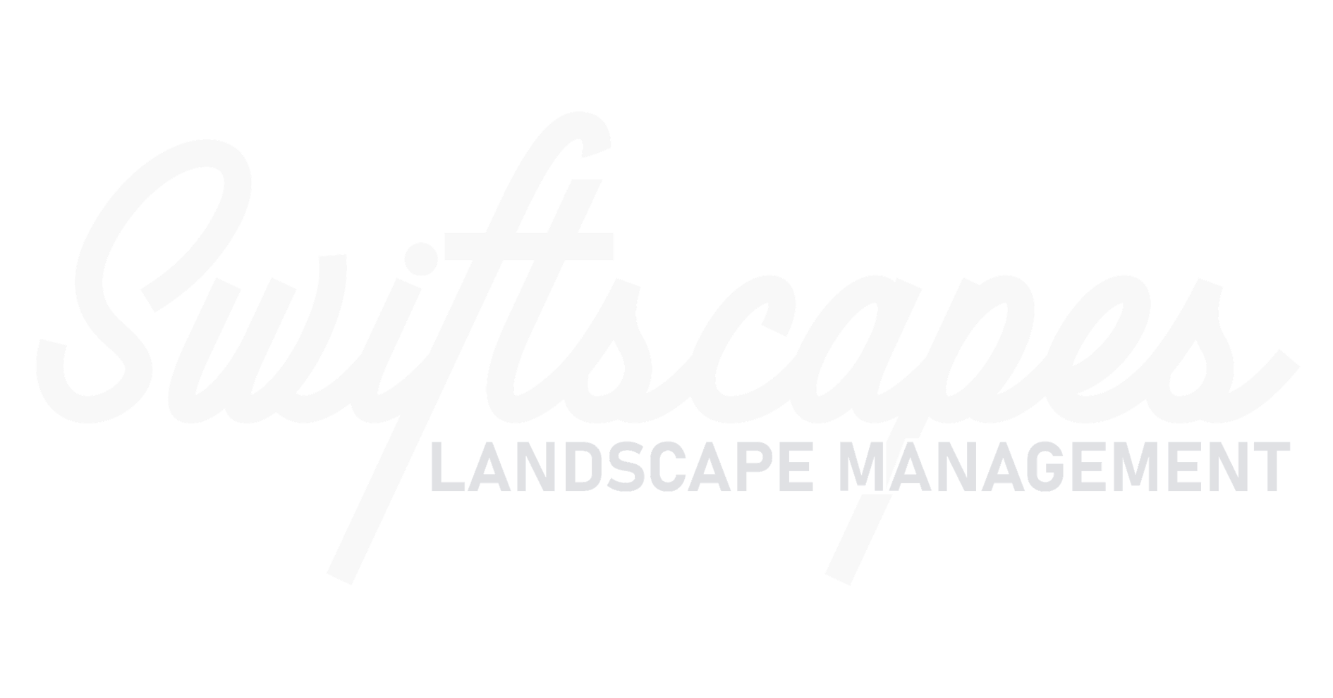 Swiftscapes Landscape Management logo with stylized cursive text and gray block letters on black background.