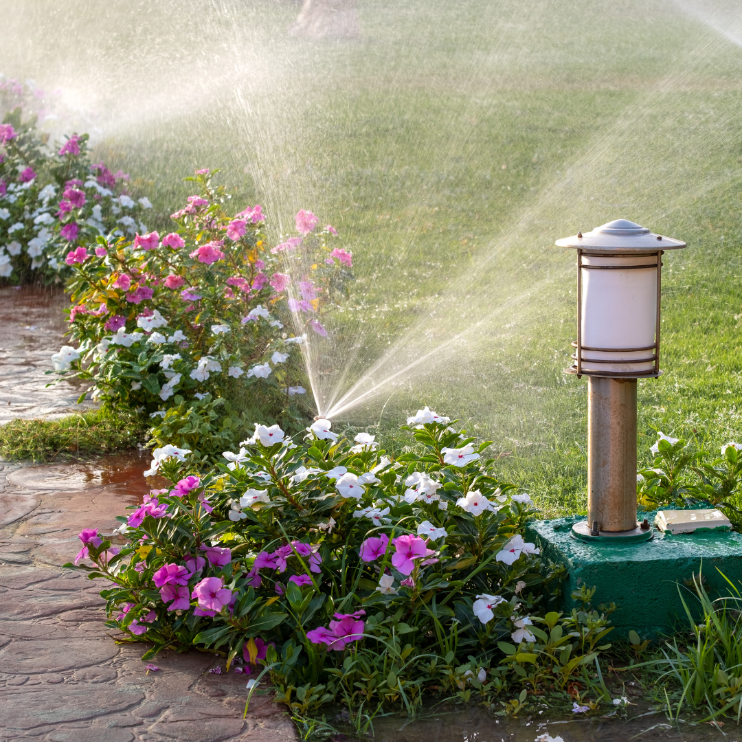 A garden path with pink and white flowers being watered by a sprinkler near a lampshade-style garden light at sundown.