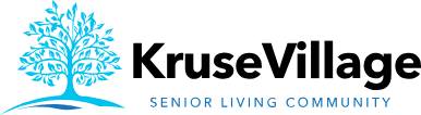 Kruse Village Senior Living Community logo with a blue tree and black and blue text