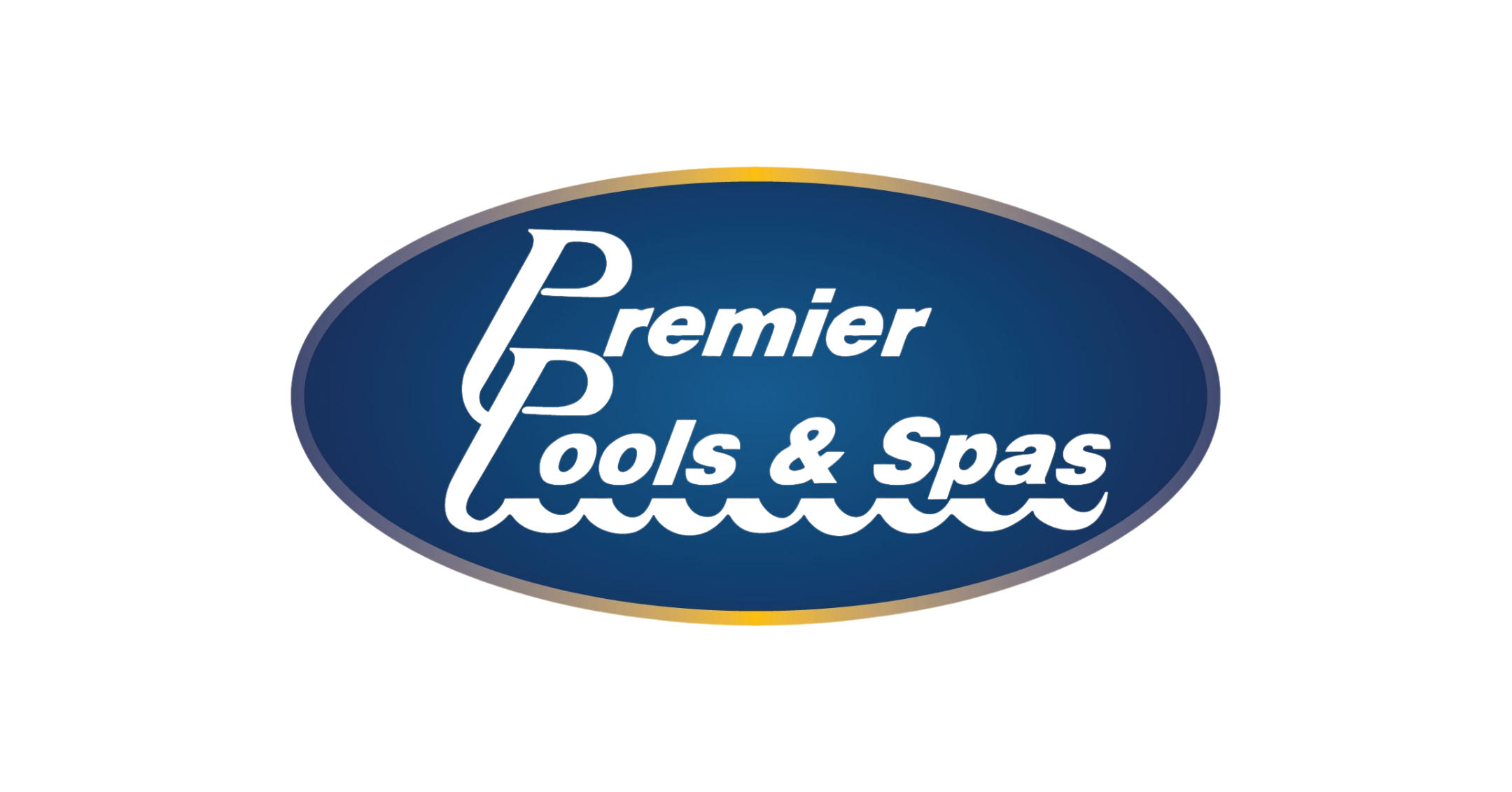 Logo of Premier Pools & Spas featuring an oval shape with navy blue background, stylized text 'Premier Pools & Spas' with a wavy design, and a lightning bolt icon.