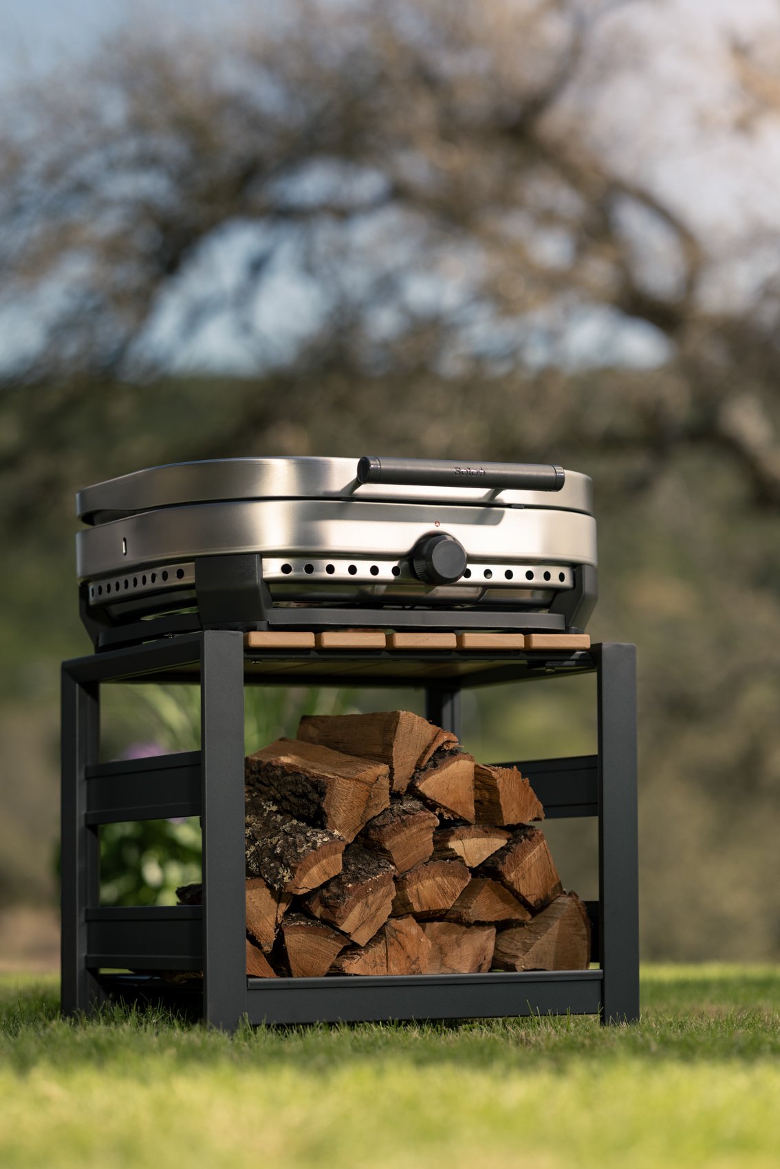 Wood logs stacked under a black metal stand with a silver outdoor grill on top, outdoors with trees and sky in the background.