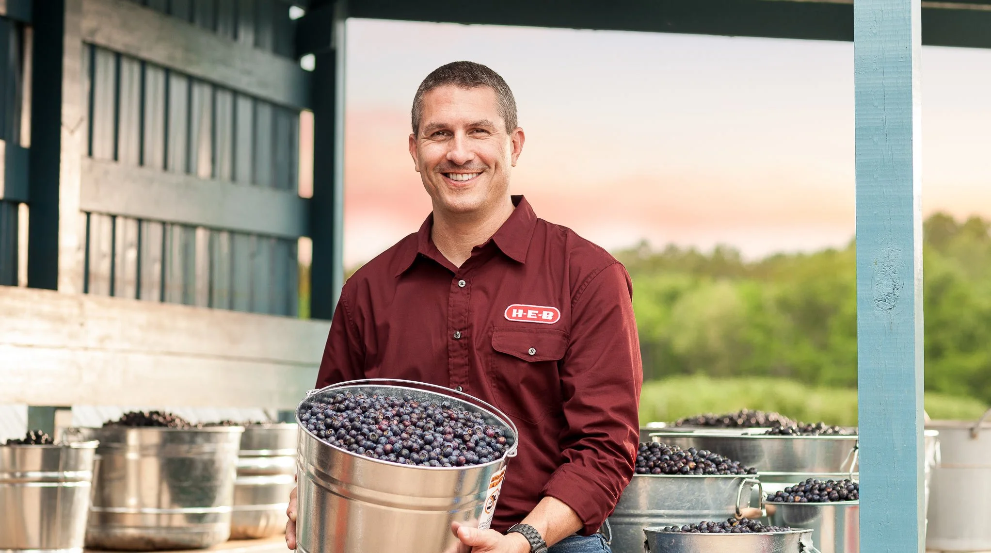A man in a maroon shirt with an H-E-B logo holding a large bucket of fresh blueberries outdoors, with more buckets of blueberries behind him and a sunset in the background.
