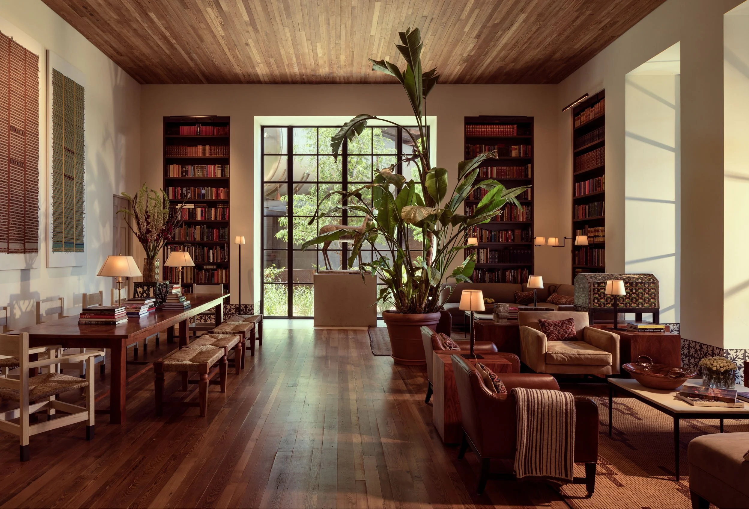A cozy living room with a high wooden ceiling, large window, and bookshelves filled with books. There is a large potted plant in the center, surrounded by tables, chairs, and sofas with lamps and decorative items.