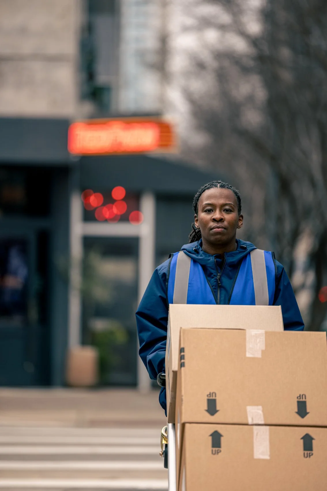A person with a serious expression in a blue jacket holding a hand truck with three cardboard boxes on a city sidewalk.