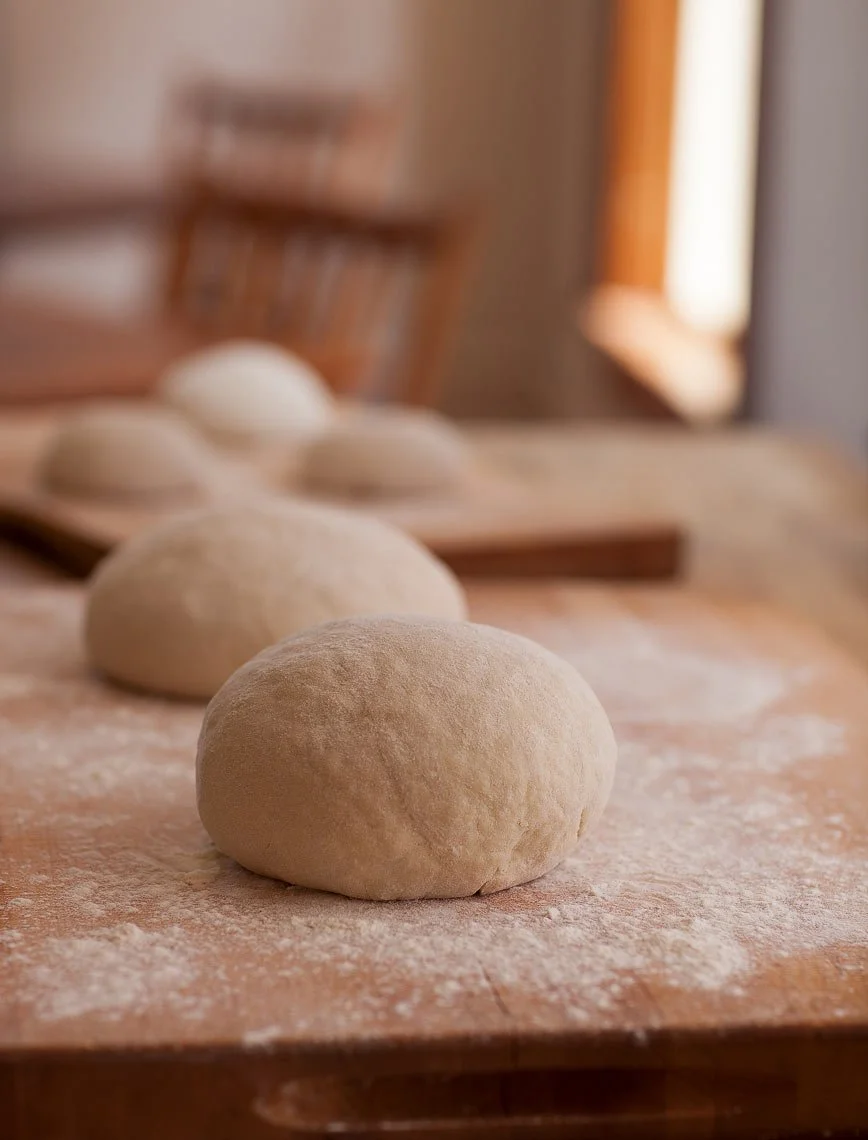 Close-up of bread dough formed into round balls on a floured wooden surface, with more dough balls and a wooden cutting board in the background.