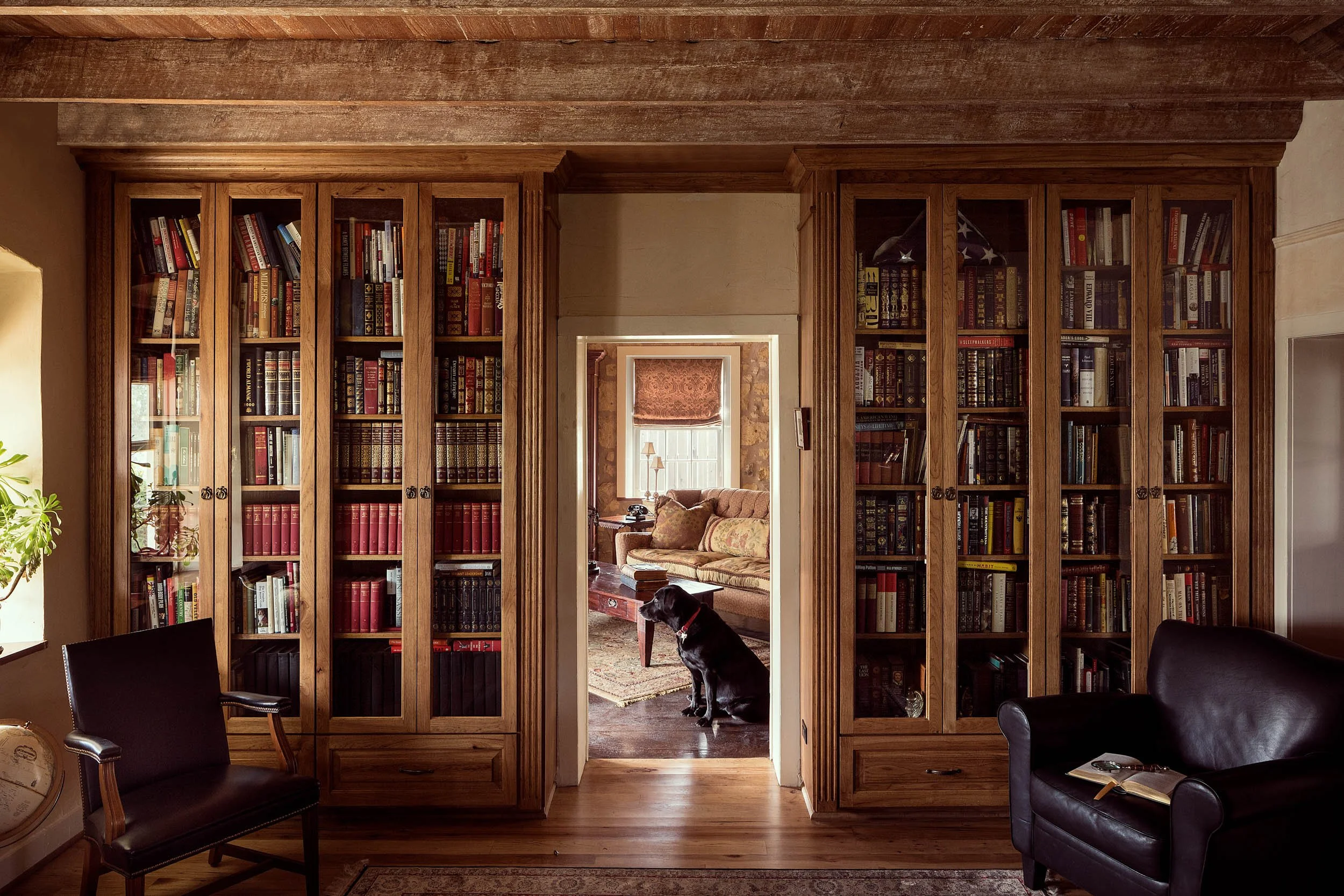 A cozy library room with wooden bookshelves filled with books, a doorway leading to a sitting area with a sofa, a dog sitting on the hardwood floor, and a window with natural light.