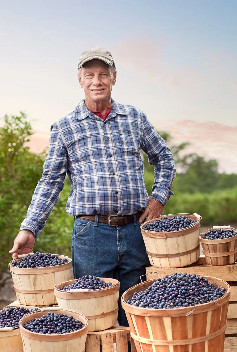 A smiling elderly man in a plaid shirt and blue jeans standing outdoors with baskets of ripe blueberries.