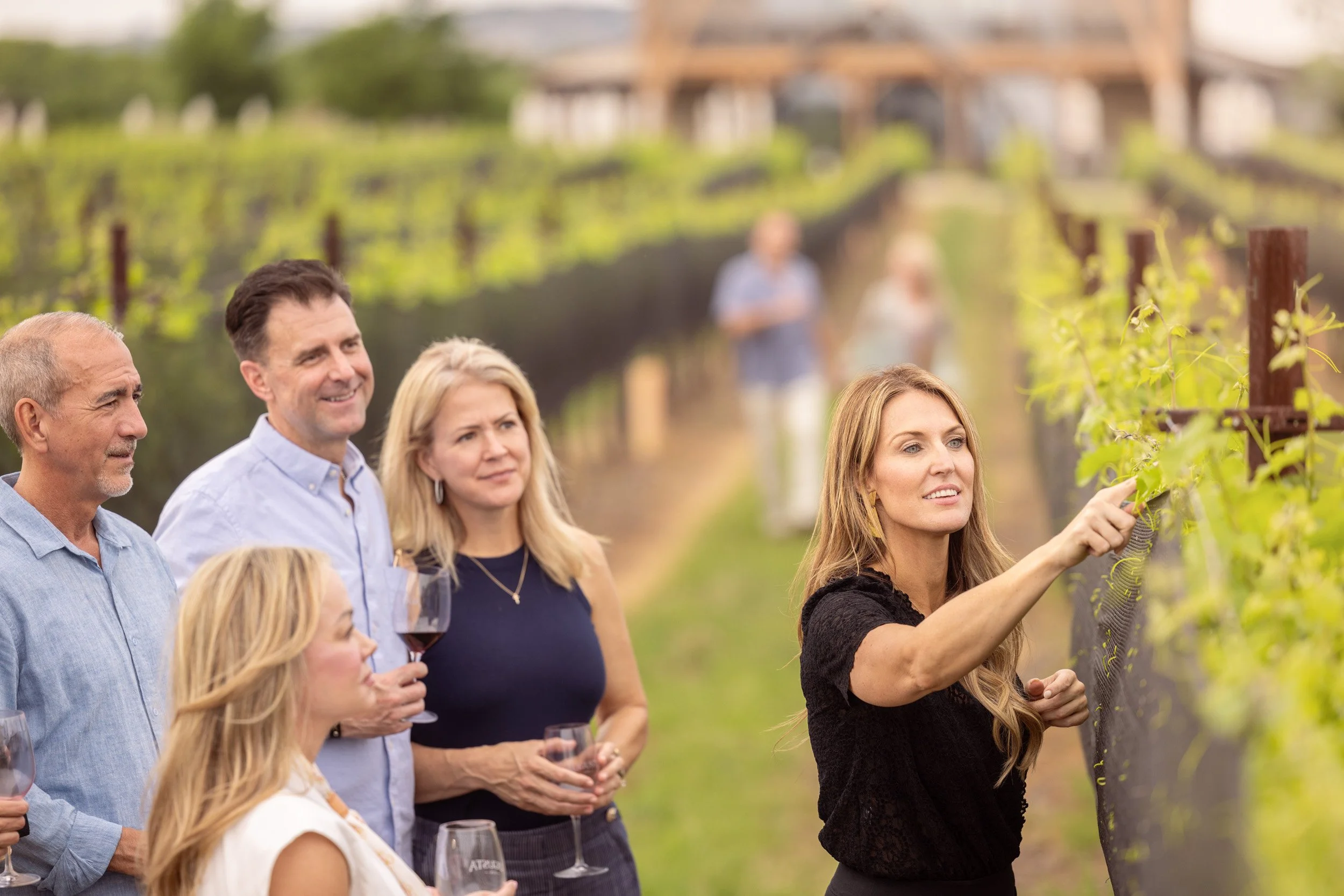 A group of people tasting wine in a vineyard, with a woman in black inspecting grapevine.