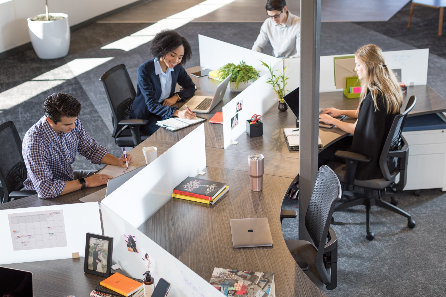 An open office space with four people working at their desks, separated by white partitions. One person is writing, another is typing on a laptop, and two are focused on their computers. The desks have various office supplies, books, and plants.