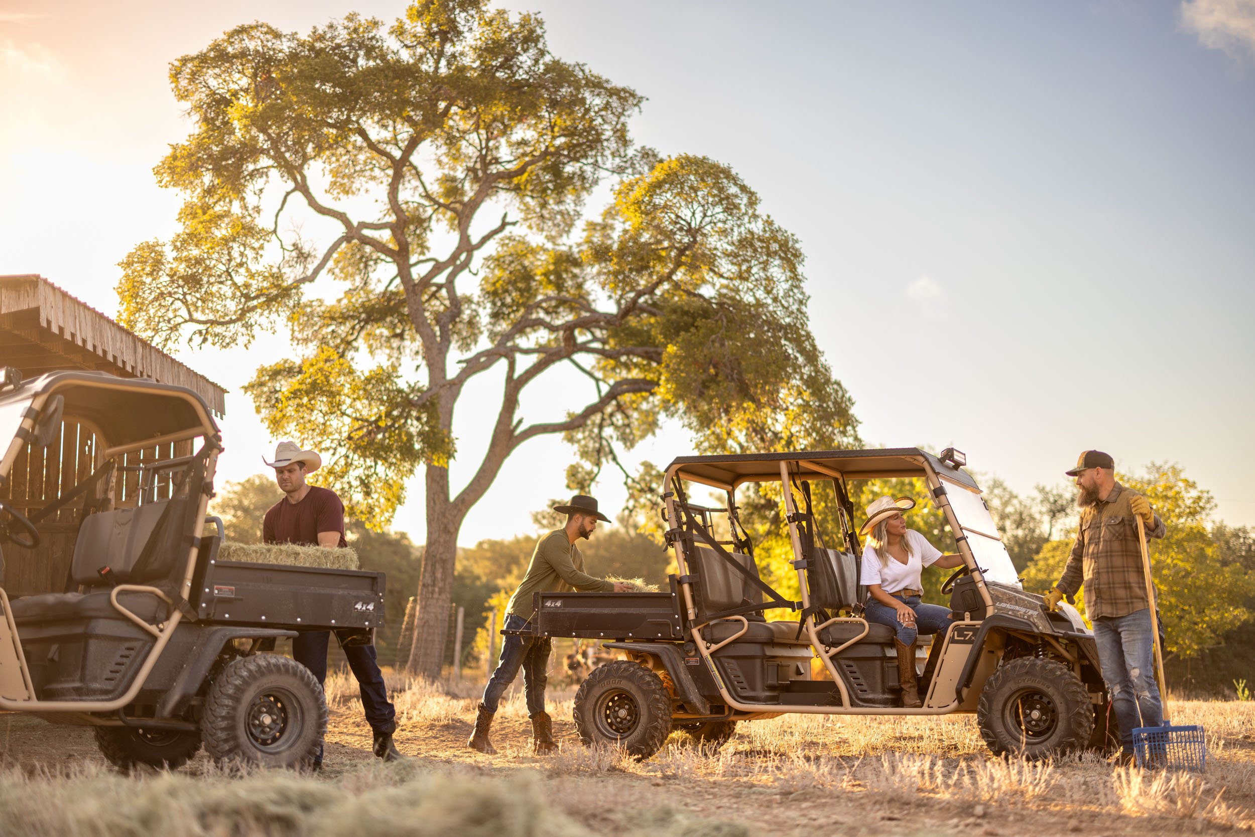 Group of people outdoors on a farm, loading hay into utility vehicles, with large trees and clear sky in the background, during sunset.