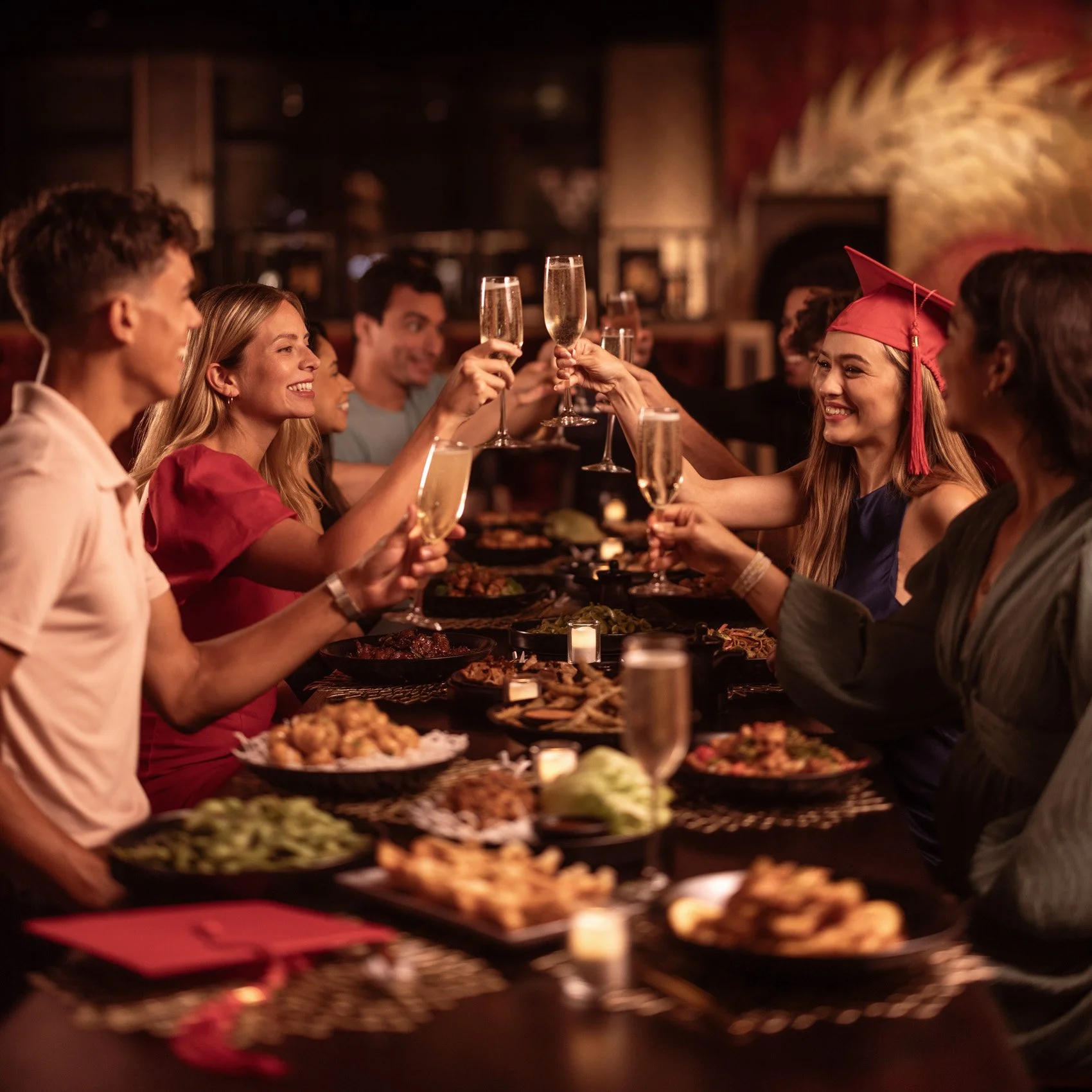 People celebrating graduation with champagne toasts, wearing graduation cap, dining with dishes and food on table in a cozy restaurant setting.