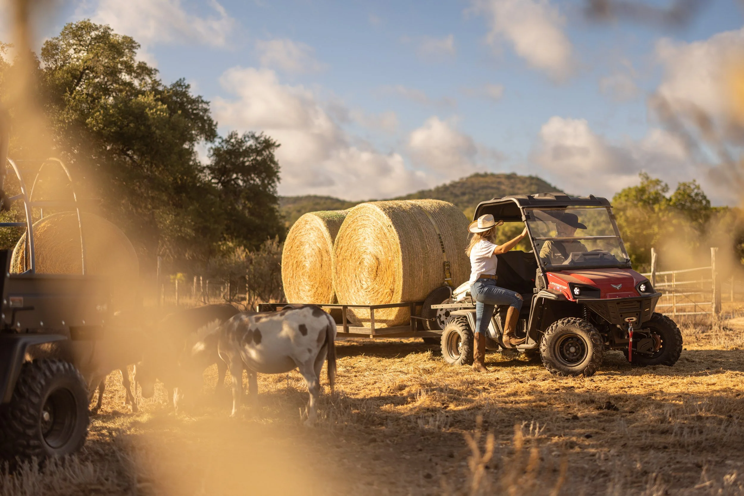 A woman riding a red utility vehicle with hay bales on the back, in a rural farm setting during late afternoon, with trees and hills in the distance.