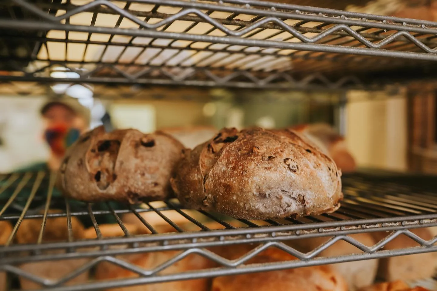 Close-up of two freshly baked loaves on a wire baking rack.