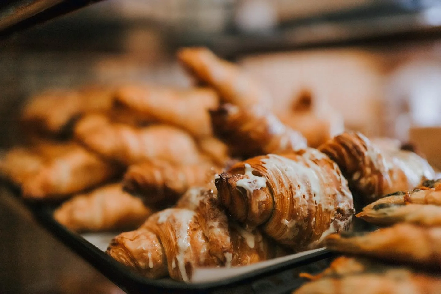 Close-up of freshly baked croissants.
