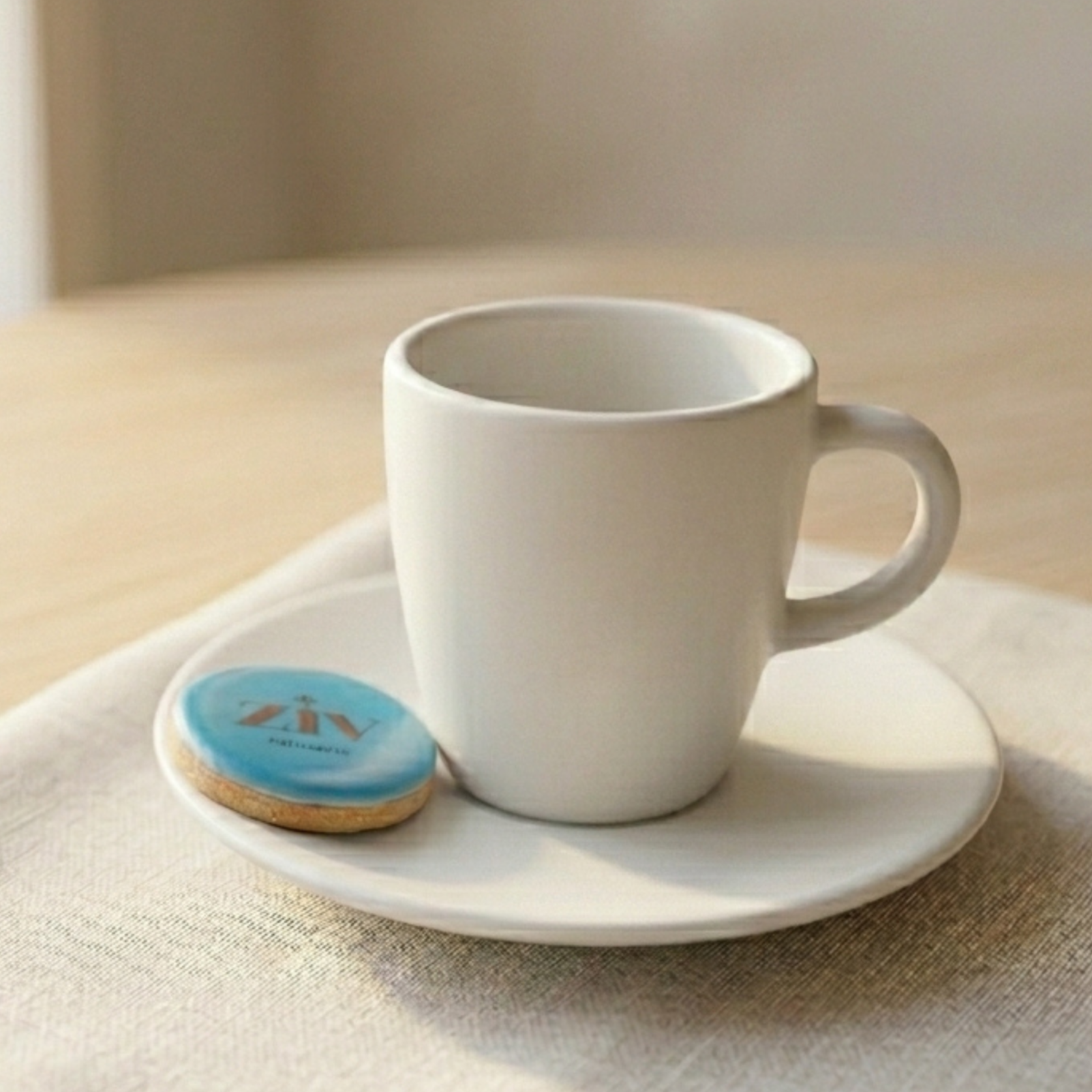 Xícara branca vazia em um prato branco sobre uma toalha branca, acompanhado de um pequeno biscoito decorado. Ao fundo, uma parede cinza claro.