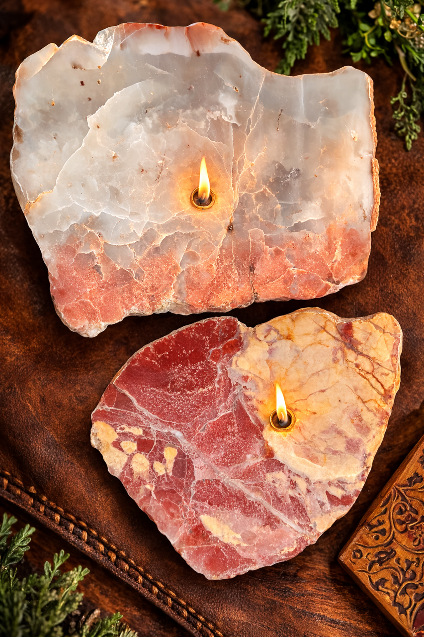 Two agate Rocklight Studious lamps with lit flames, resting on a wooden surface surrounded by greenery and a decorative box.