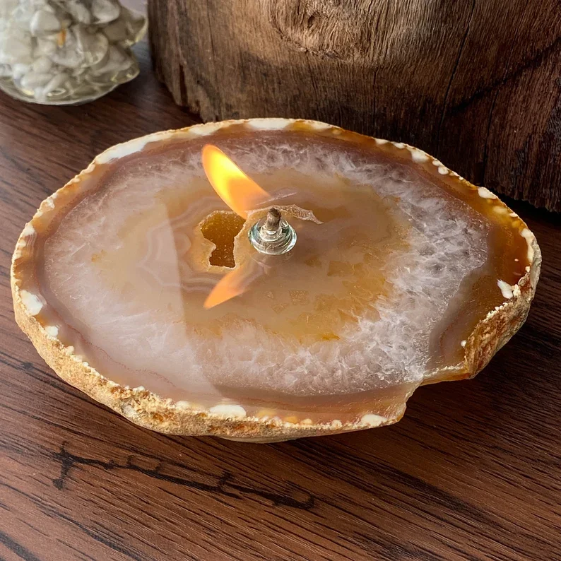 Single Wick Agate or Stone Oil Lamp