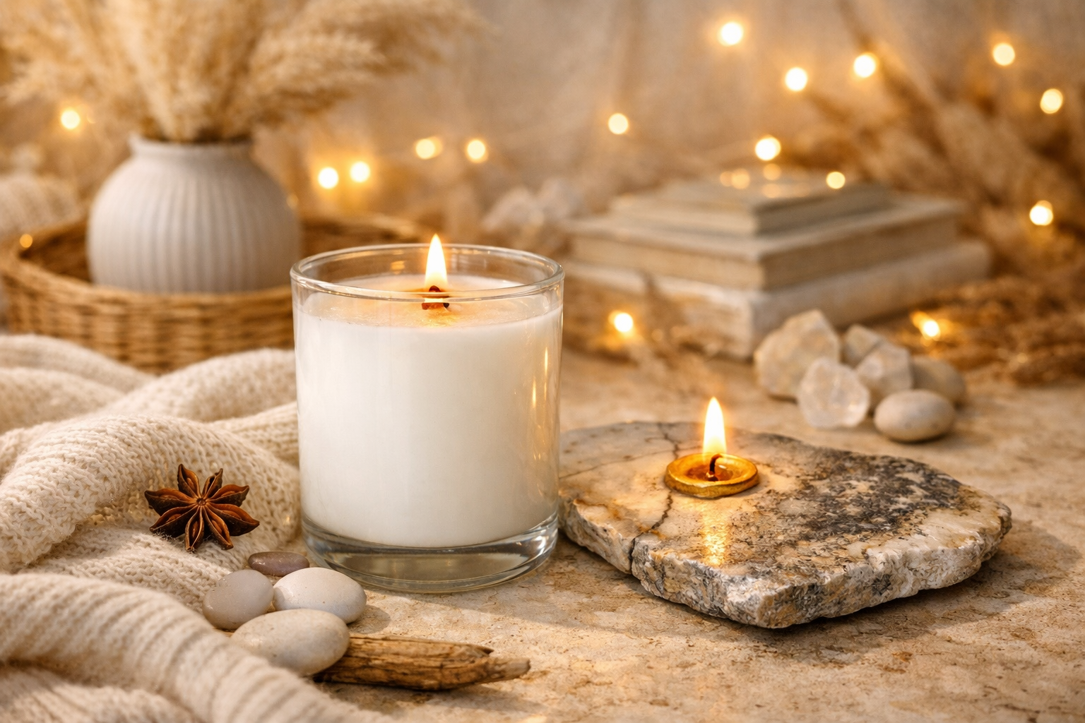 A cozy scene with lit candles, a star anise, white Rocklight Studios stone wick lamp, a knitting blanket, and a vase of dried plants, with fairy lights in the background.