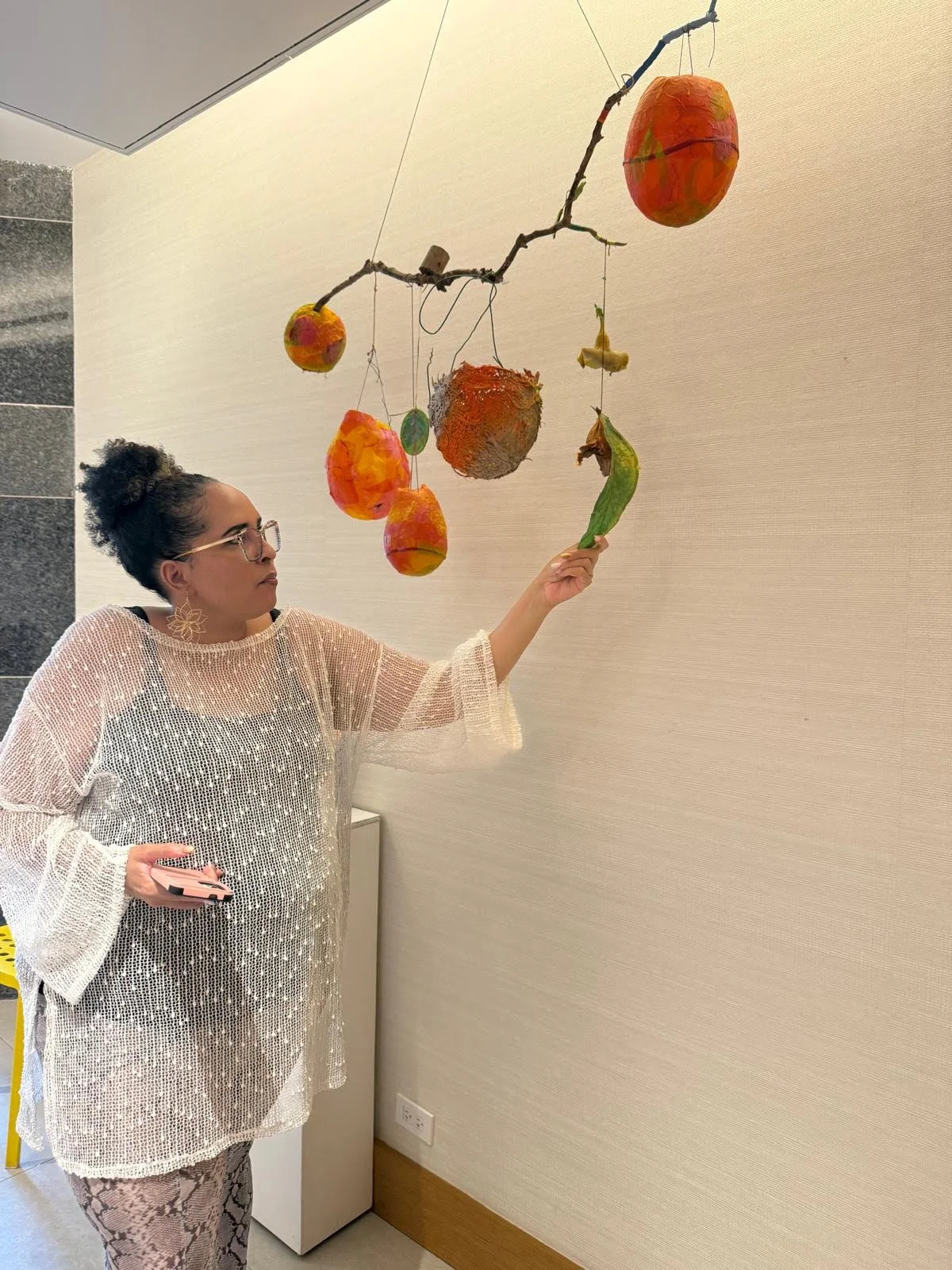 “Low bearing fruit” mobile — papier-mâché, latex, wire and found branches