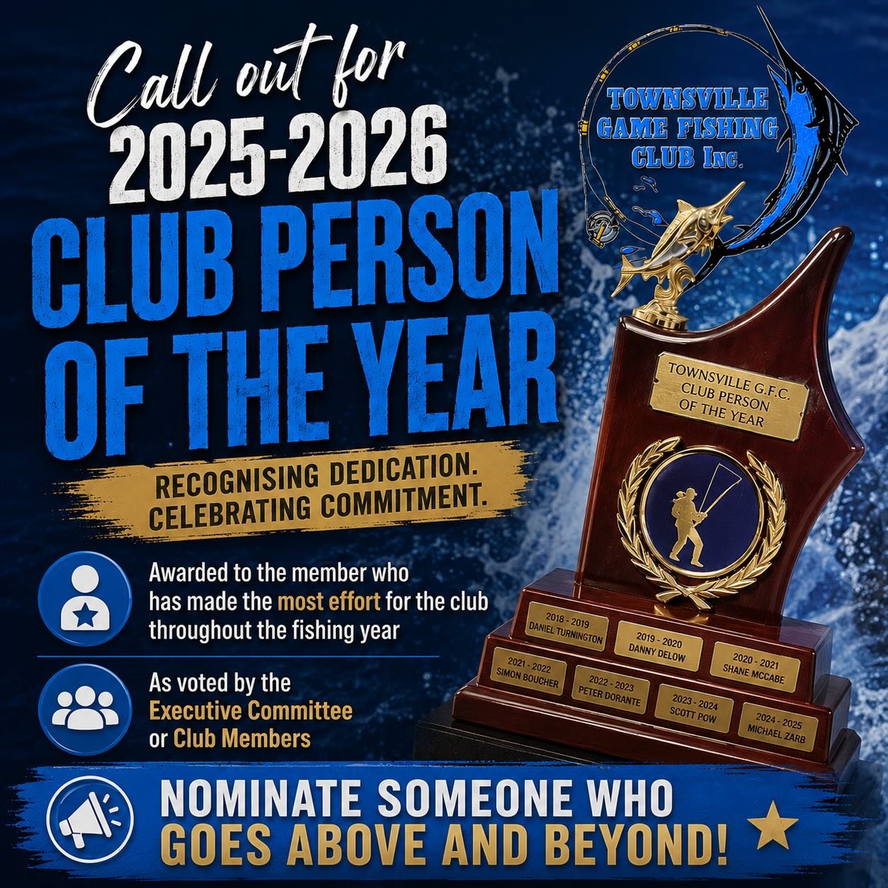 🏆 CALL OUT FOR NOMINATIONS 🏆
As we get closer to wrapping up another massive TGFC fishing year, it&rsquo;s time to recognise the members who make our club what it is!

🎣 2025&ndash;2026 CLUB PERSON OF THE YEAR
Awarded to the member who has gone ab