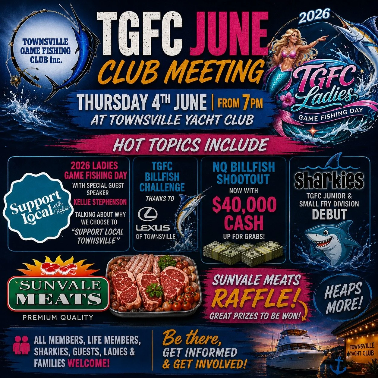 ⚓️🎣 TGFC JUNE CLUB MEETING &ndash; THIS THURSDAY! 🎣⚓️

Join us Thursday June 4th from 7PM sharp at the Townsville Yacht Club for what is shaping up to be a HUGE TGFC Monthly Meeting!

🔥 HOT TOPICS INCLUDE:
💖 2026 Ladies Game Fishing Day
🎤 Specia