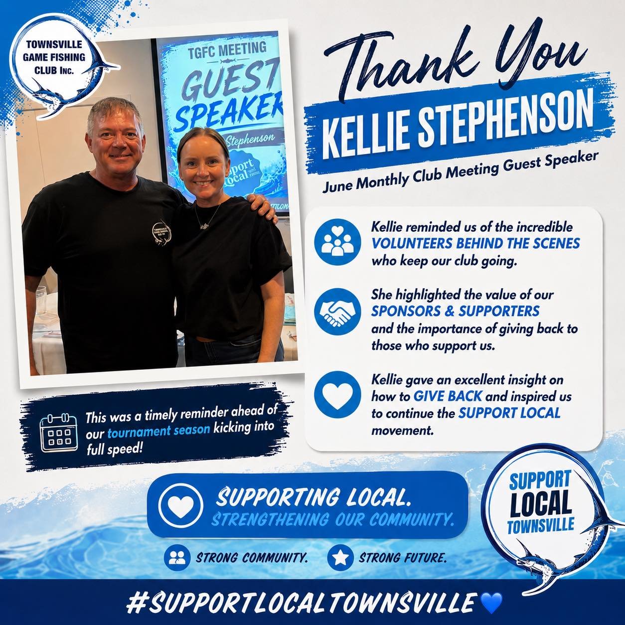 THANK YOU KELLIE STEPHENSON 💙

A huge thank you to Kellie Stephenson for joining us as our guest speaker at the June TGFC Monthly Meeting.

Kellie delivered an inspiring presentation that highlighted the incredible volunteers working behind the scen