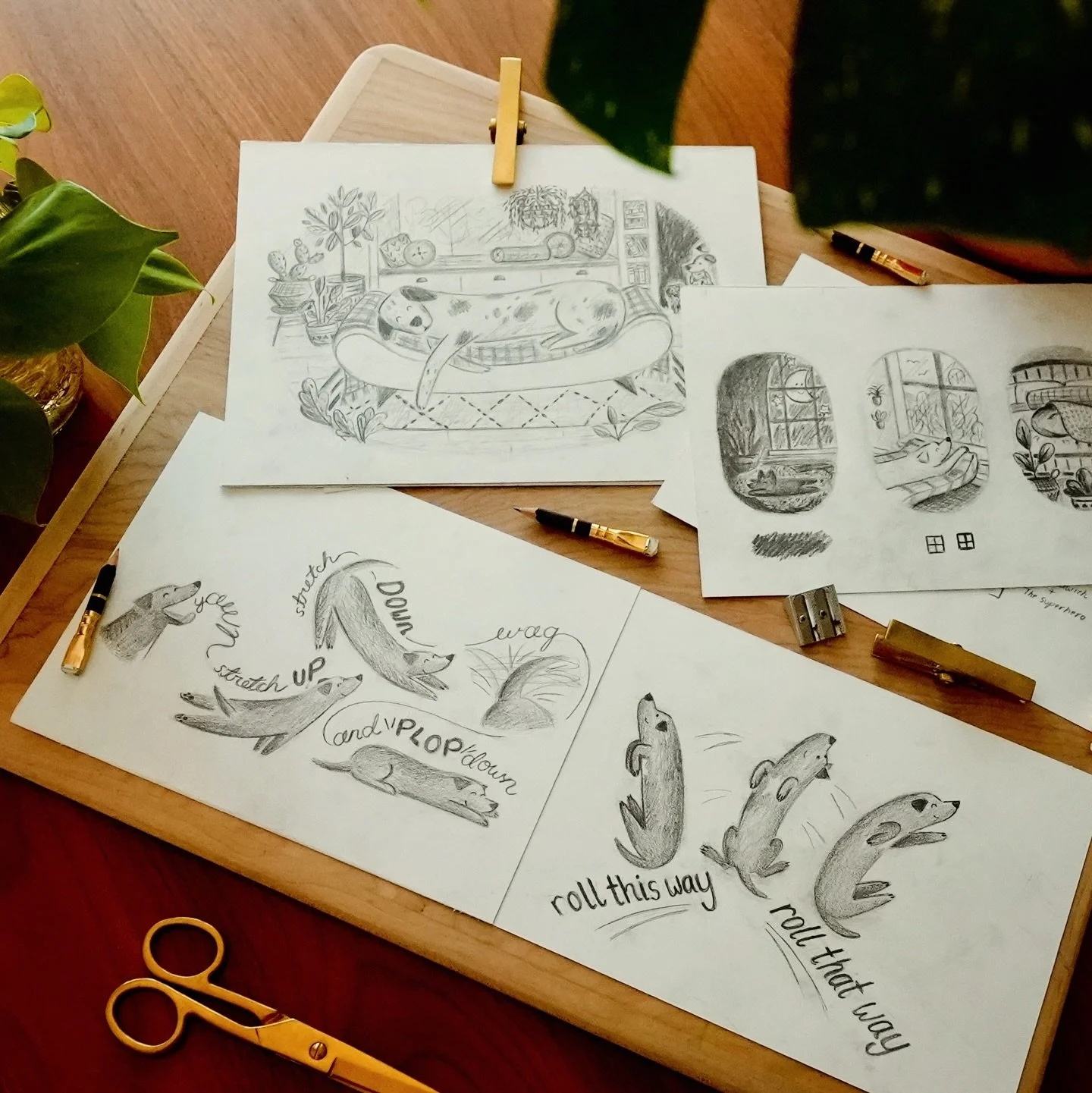 👩🏻&zwj;🎨 Peeks into early sketches ✍️ for my debut book 🐶THE ART OF HOW DOGS SLEEP💤! Quite a few stubby Blackwing pencils were created during the making of this book ✏️😄. 
🎉 Preorders are open where books are sold and every preorder makes a hu