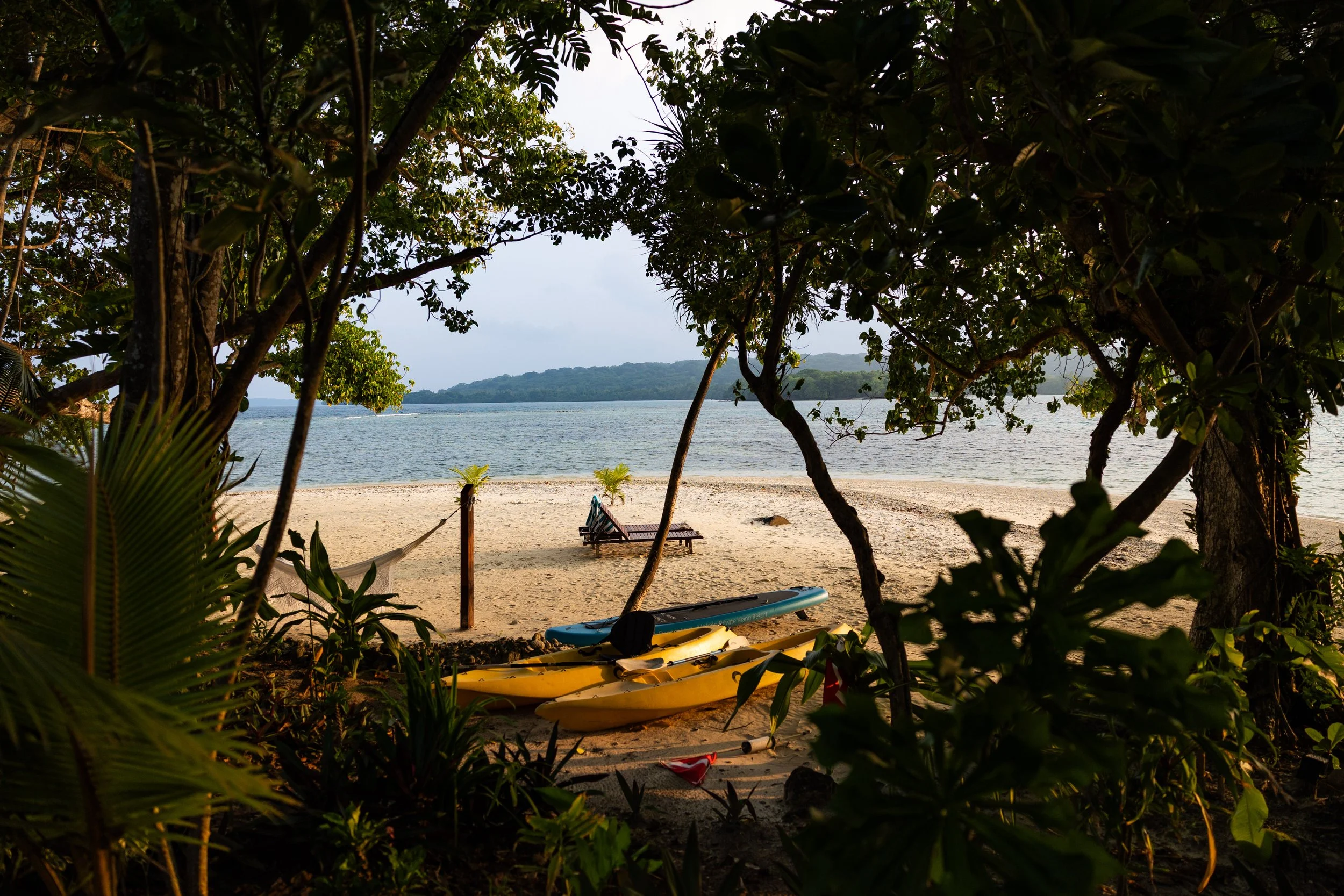 A beach scene viewed through trees with kayaks on the sand, a lounge chair facing the water, small palm trees near the shoreline, calm ocean waters, and a distant landmass under a cloudy sky.