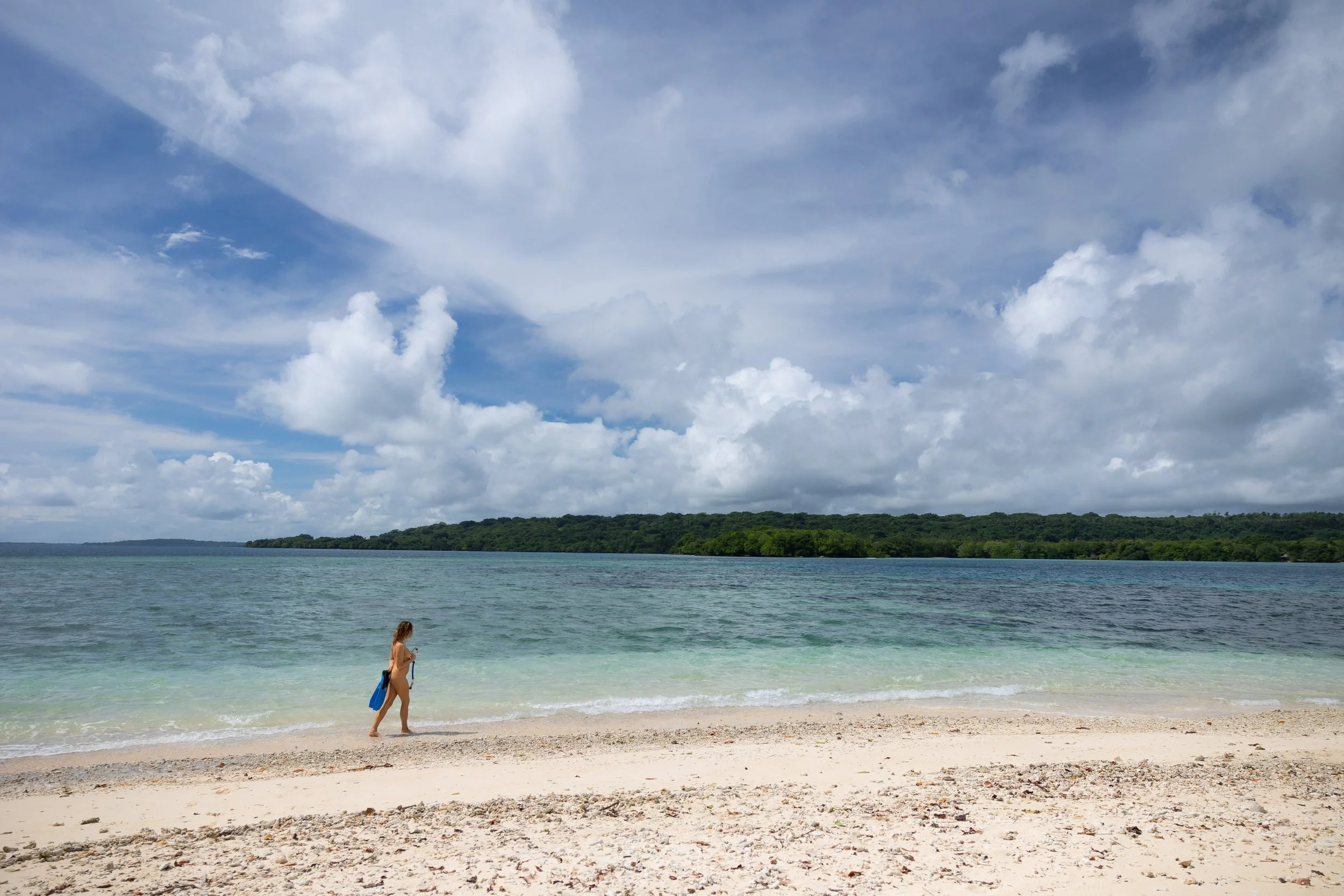 A woman walking along a sandy beach with a blue bag under a partly cloudy sky, with trees across the water in the background.