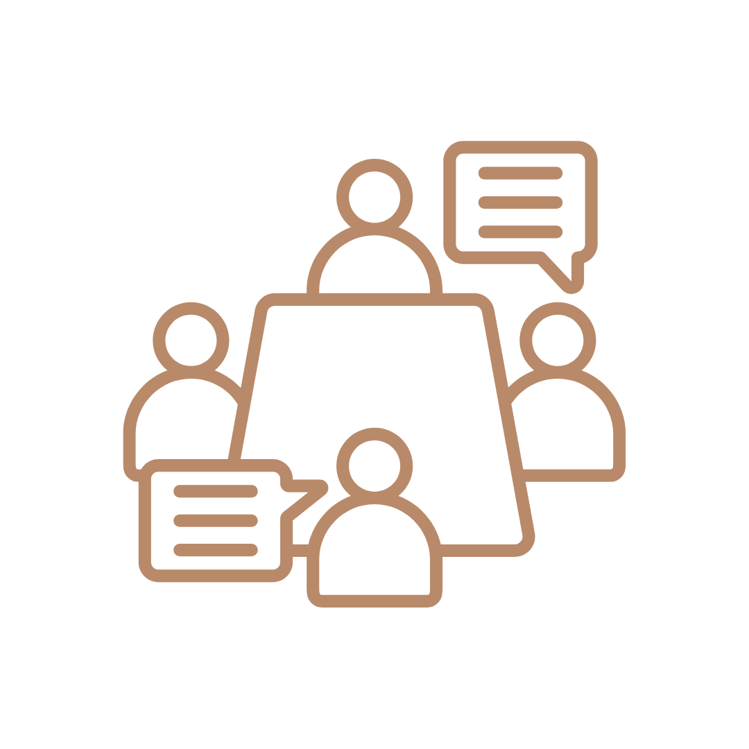 Line art icon of four people sitting around a table with speech bubbles, representing a meeting or discussion.