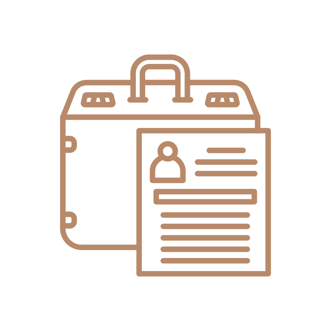 Outline of a briefcase with a person’s ID badge attached