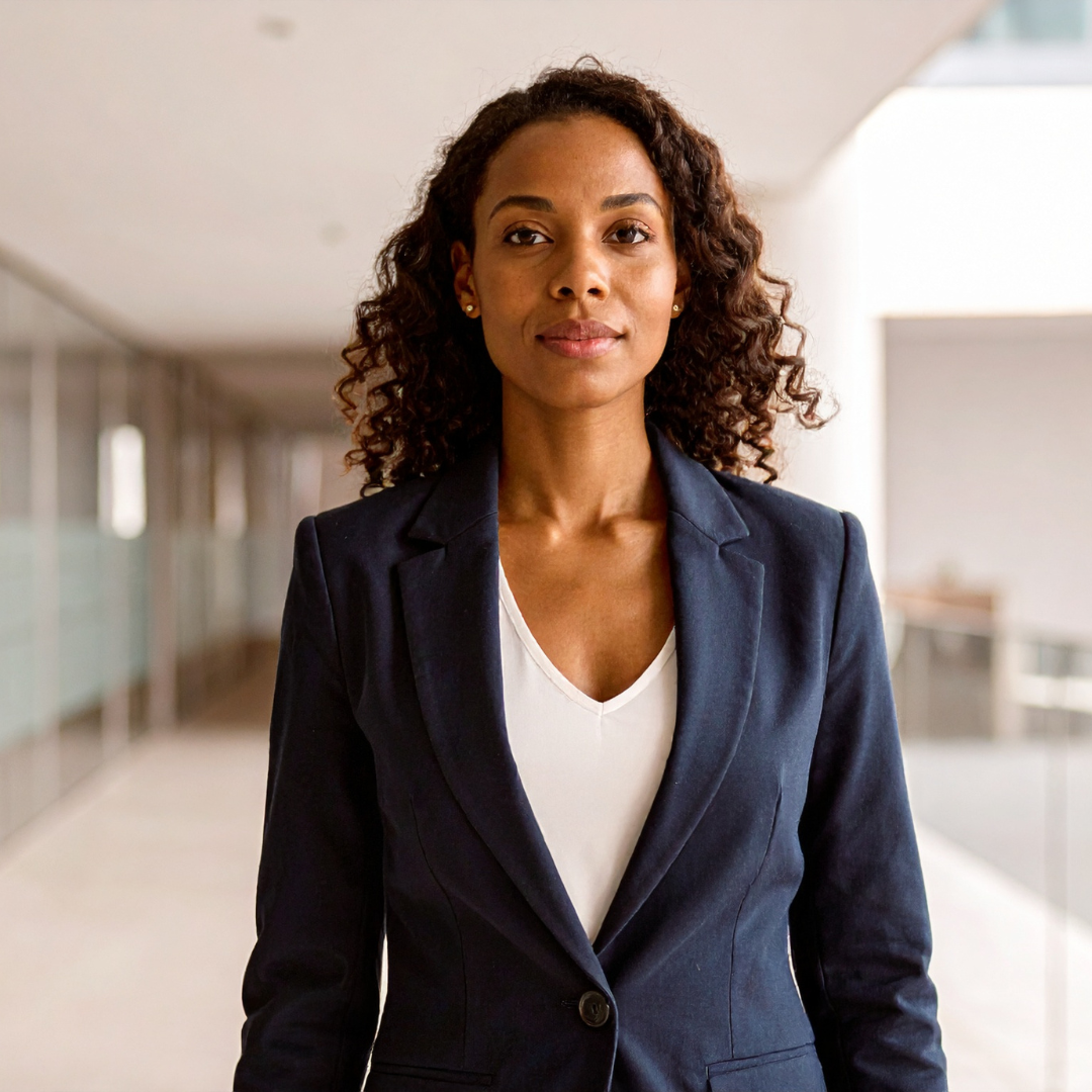 A professional woman walking in a modern office corridor.