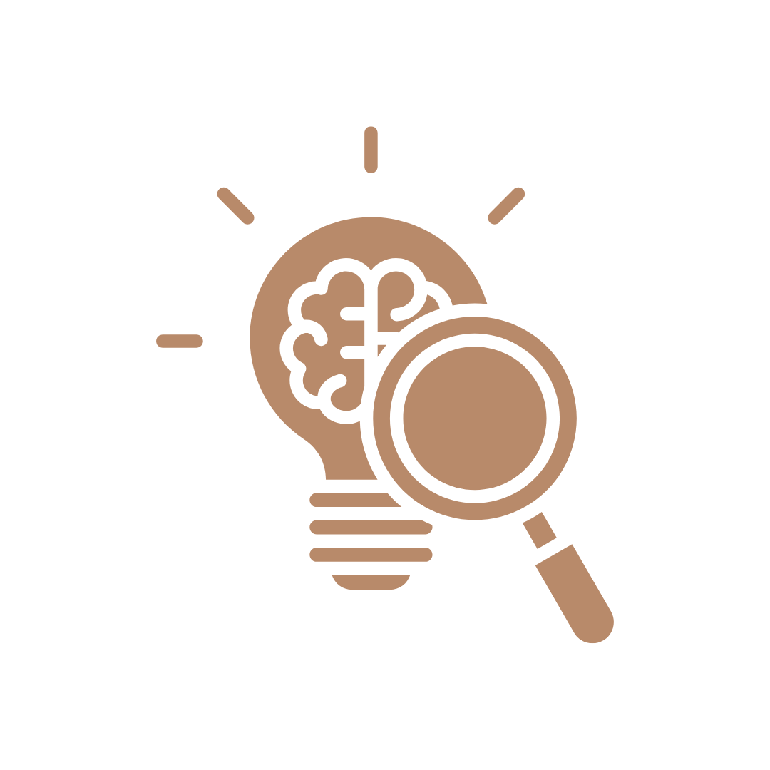 A light brown lightbulb icon with a brain inside and a magnifying glass examining it.