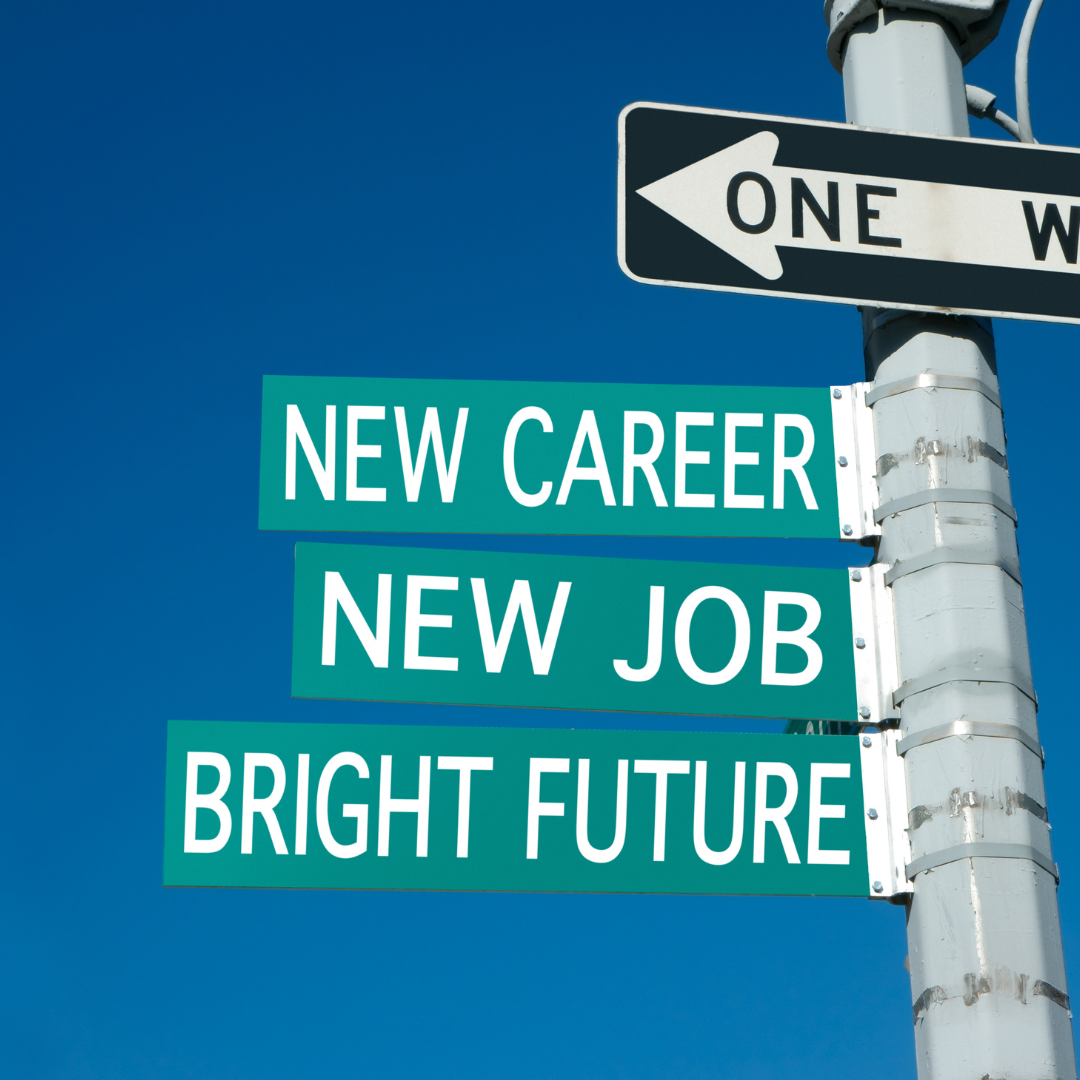 Street sign saying 'new career', 'new job', 'bright future'