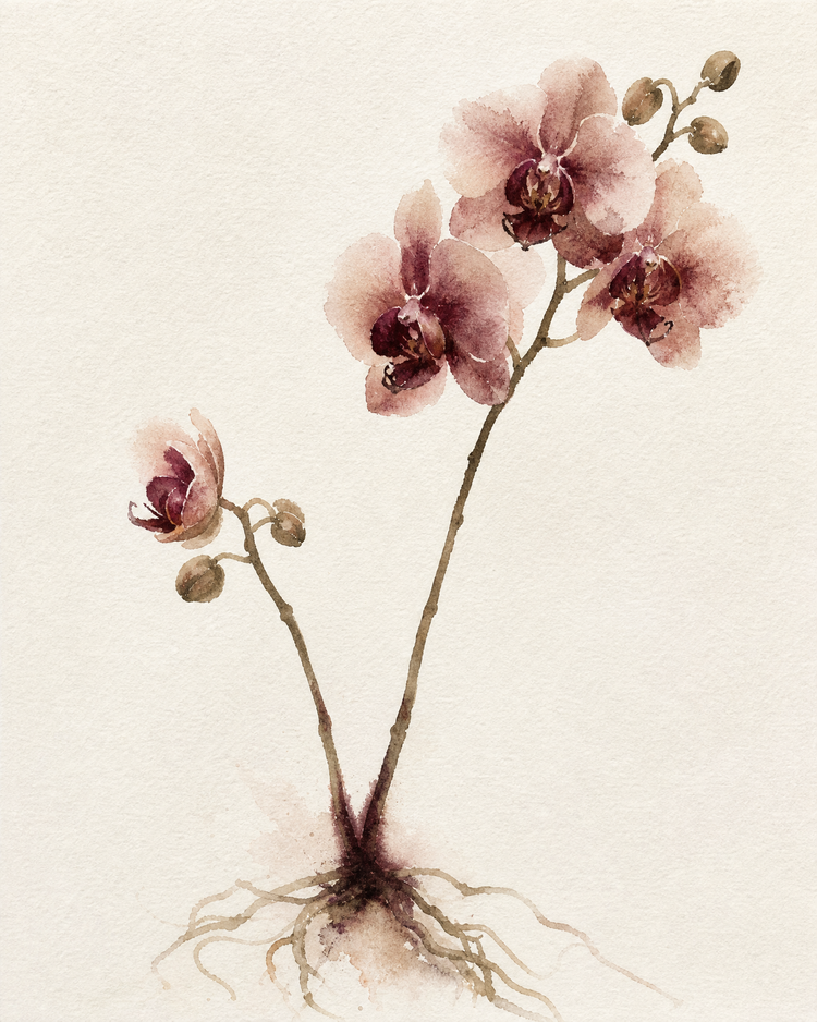 Watercolour painting of two orchid stems growing from one shared root, one in full bloom and one just opening
