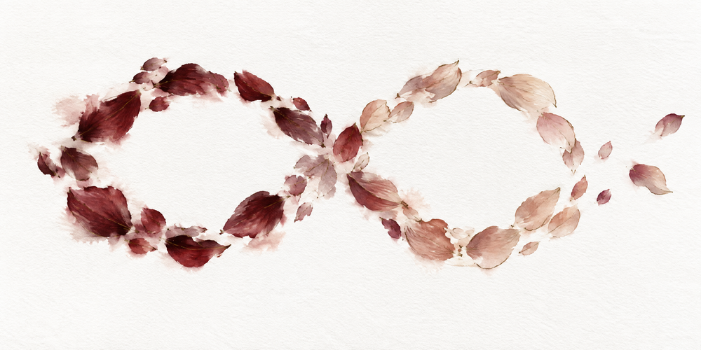 Watercolor of burgundy and clay orchid petals circling each other in a loose figure eight
